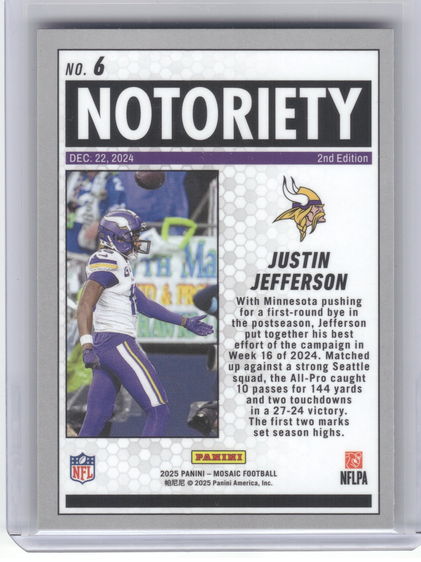 2025 Panini Mosaic #6 Justin Jefferson Notoriety Minnesota Vikings