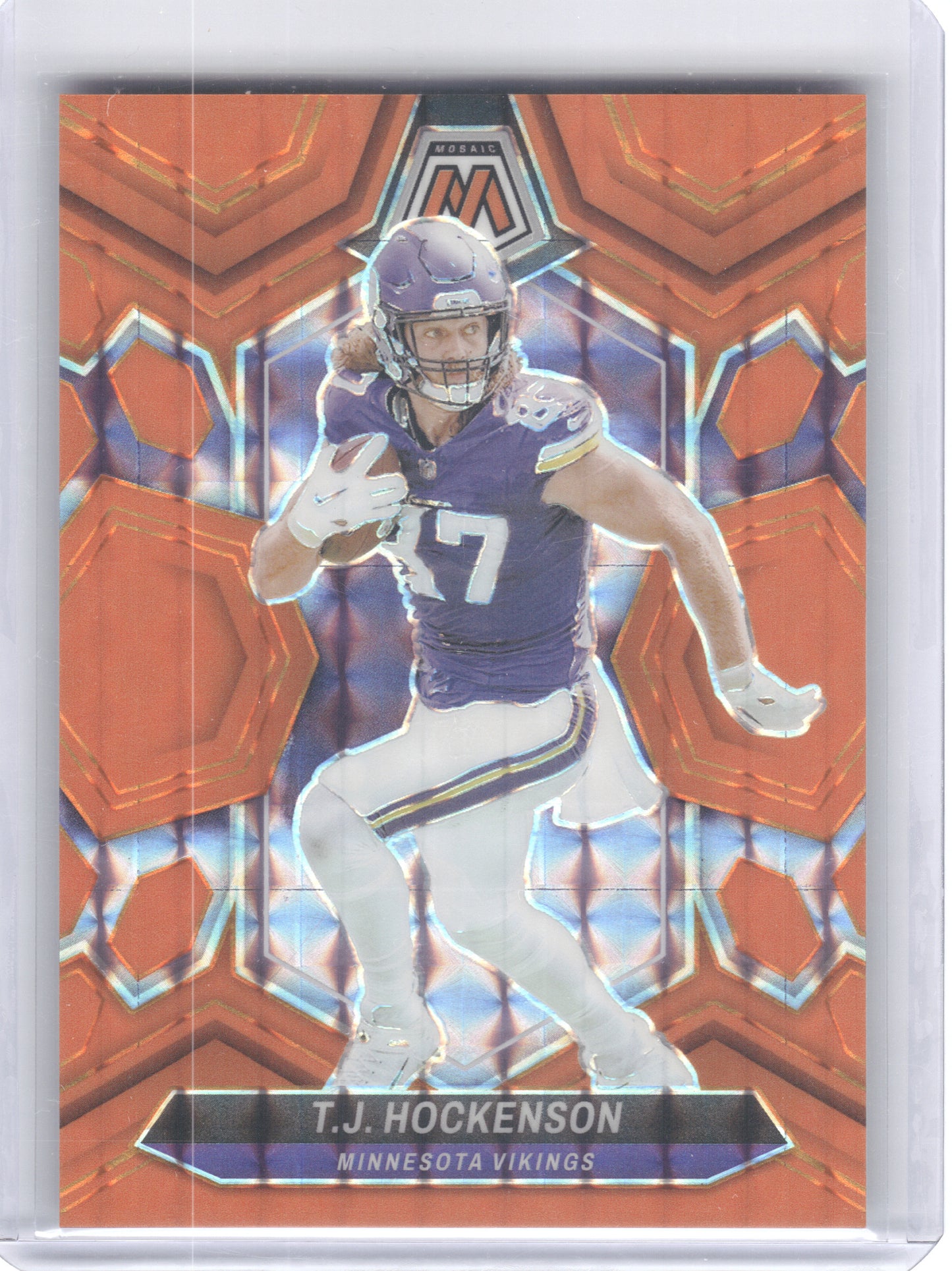 2024 Panini Mosaic #145 T.J. Hockenson Mosaic Orange Fluorescent #/25 Minnesota Vikings SN