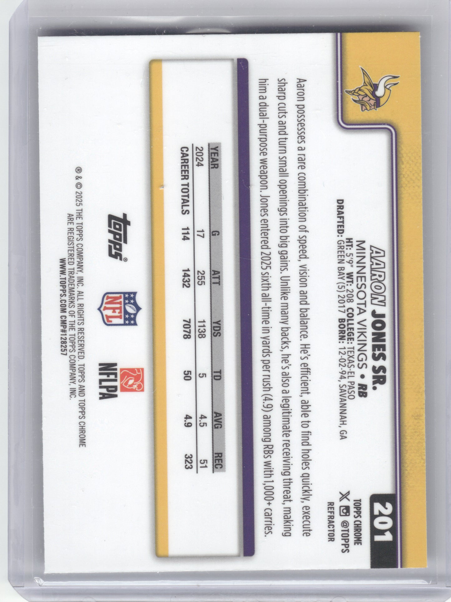 2025 Topps Chrome #201 Aaron Jones Pulsar Refractor Minnesota Vikings