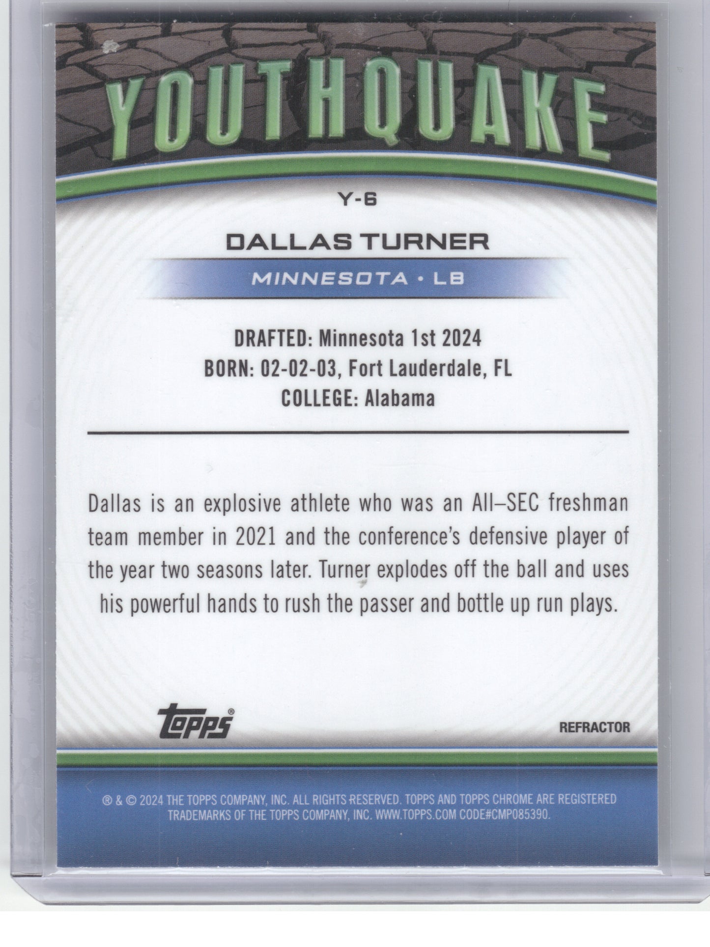 2024 Topps Chrome #Y-6 Dallas Turner Youthquake Refractor Minnesota Vikings