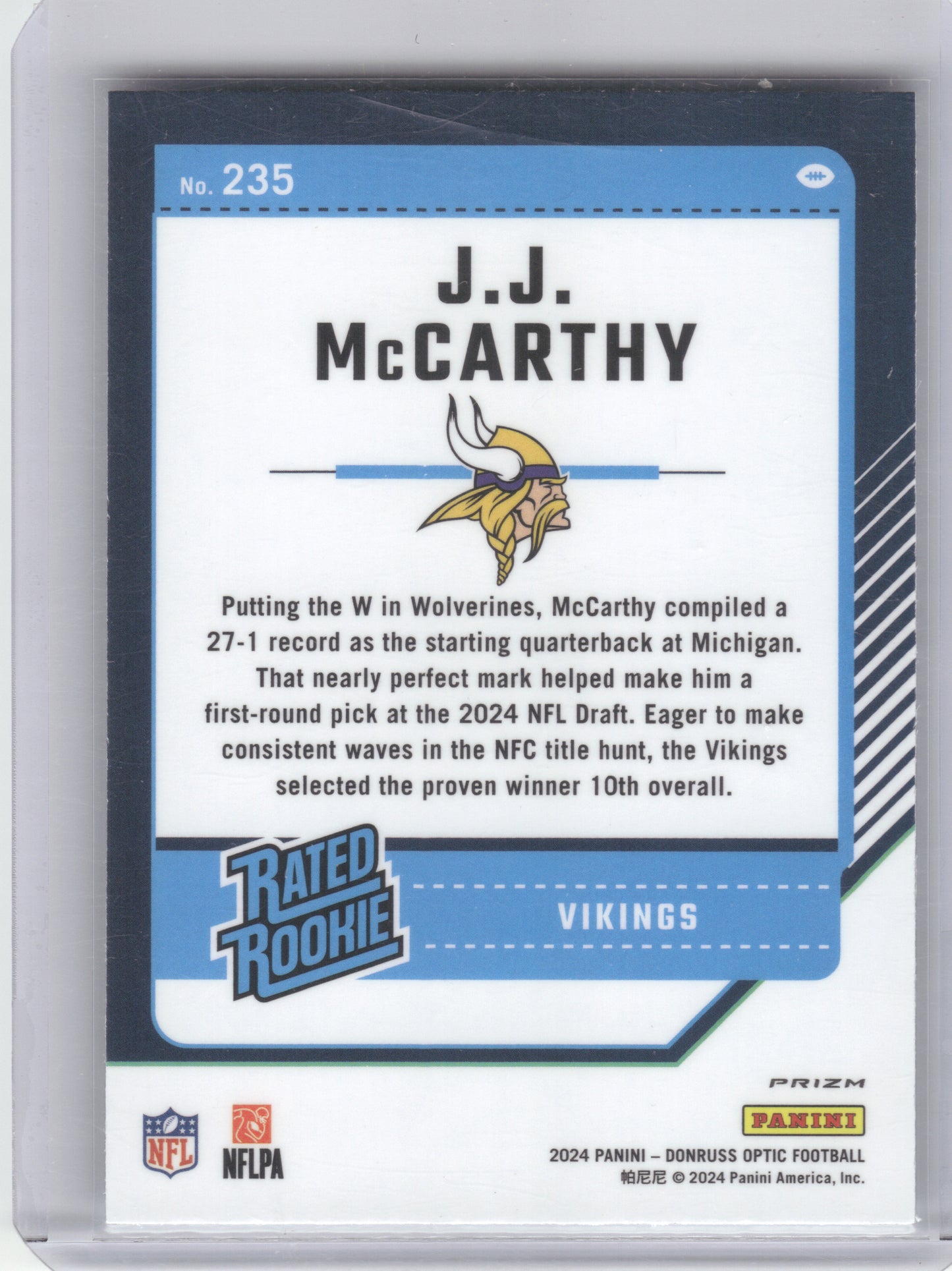 2024 Donruss Optic #235 J.J. McCarthy Holo Minnesota Vikings