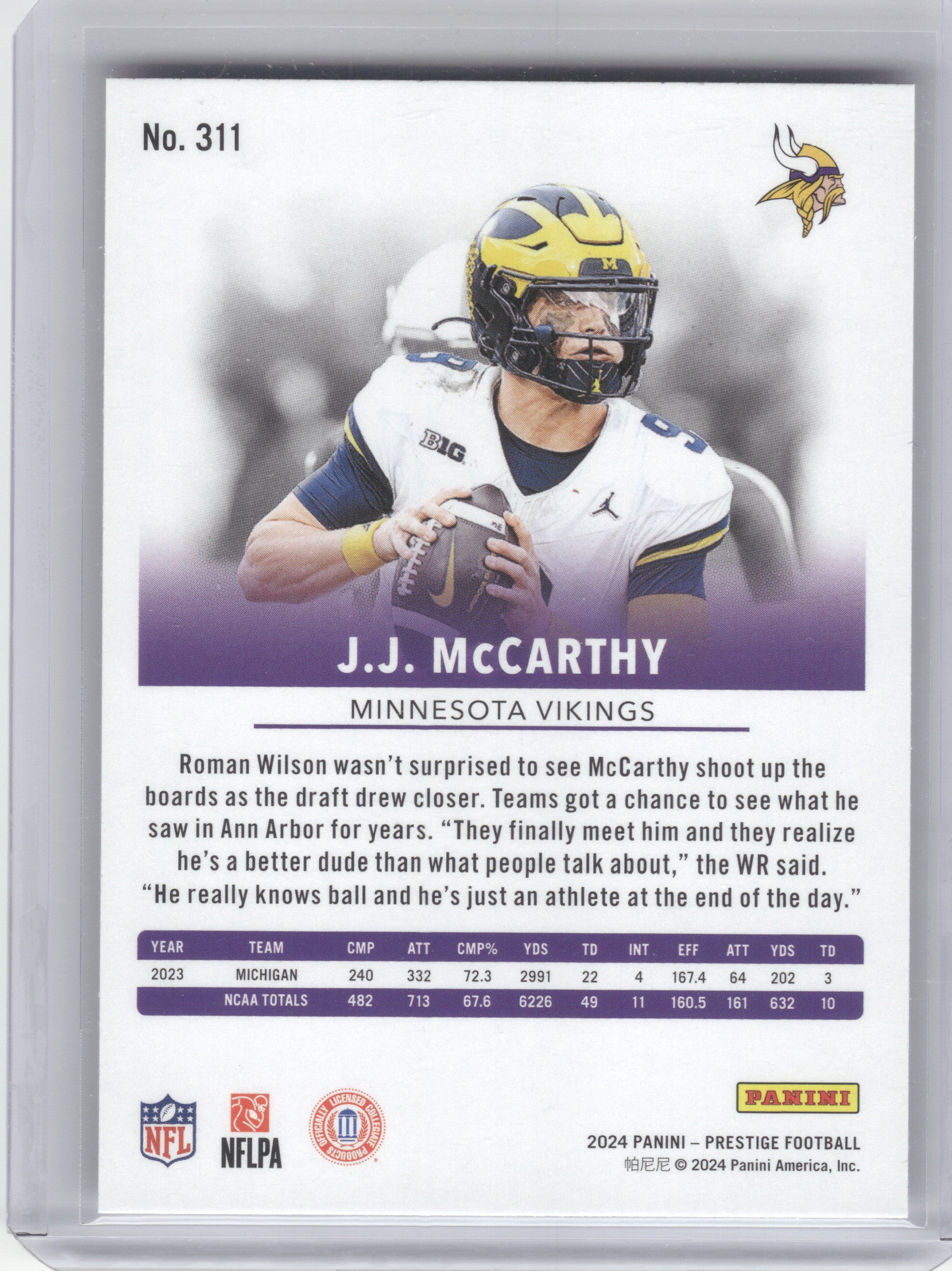 2024 Panini Prestige #311 J.J. McCarthy Minnesota Vikings RC