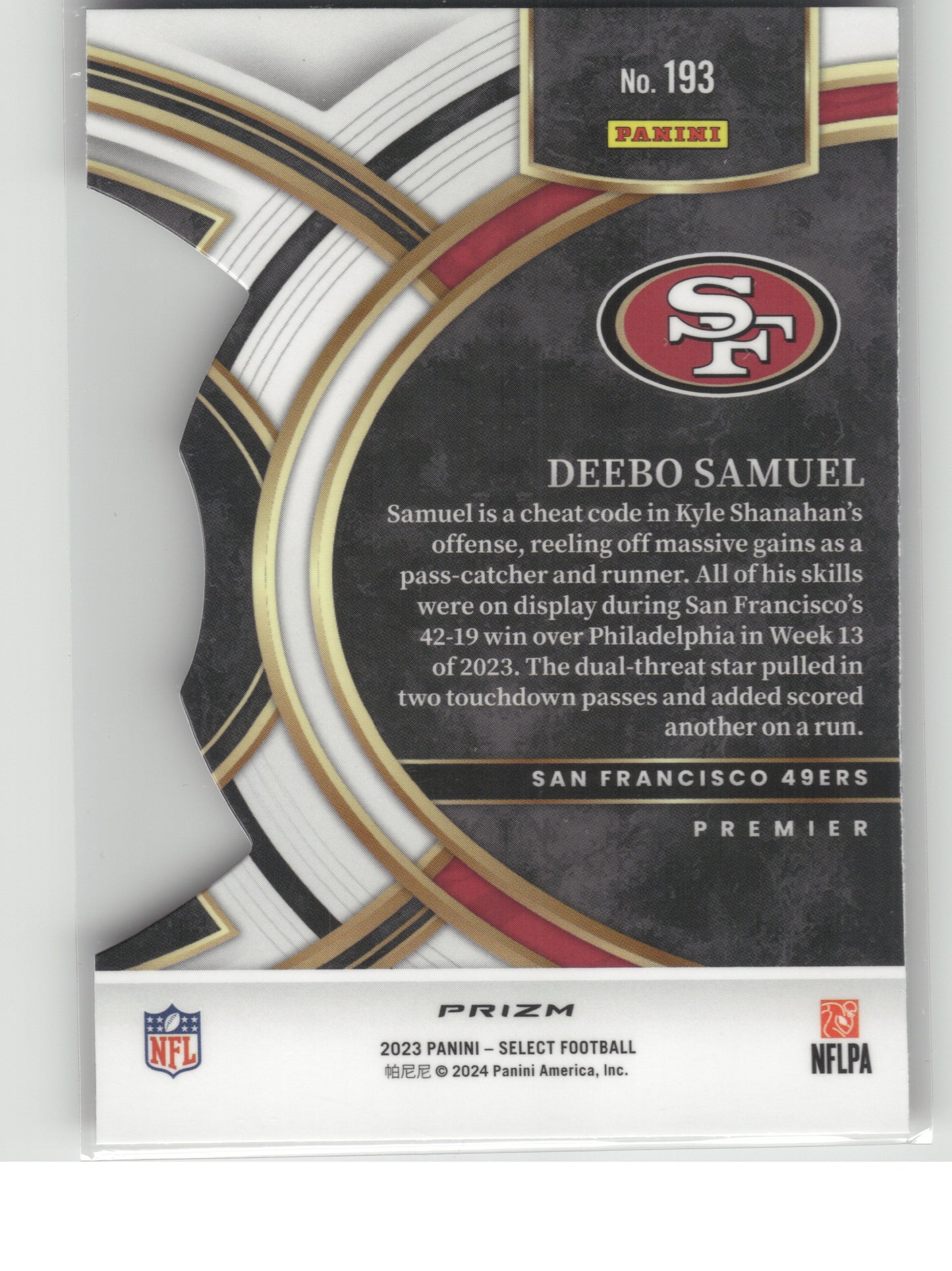 2023 Panini Select #193 Deebo Samuel Black and Red Prizms Die Cuts San Francisco 49ers