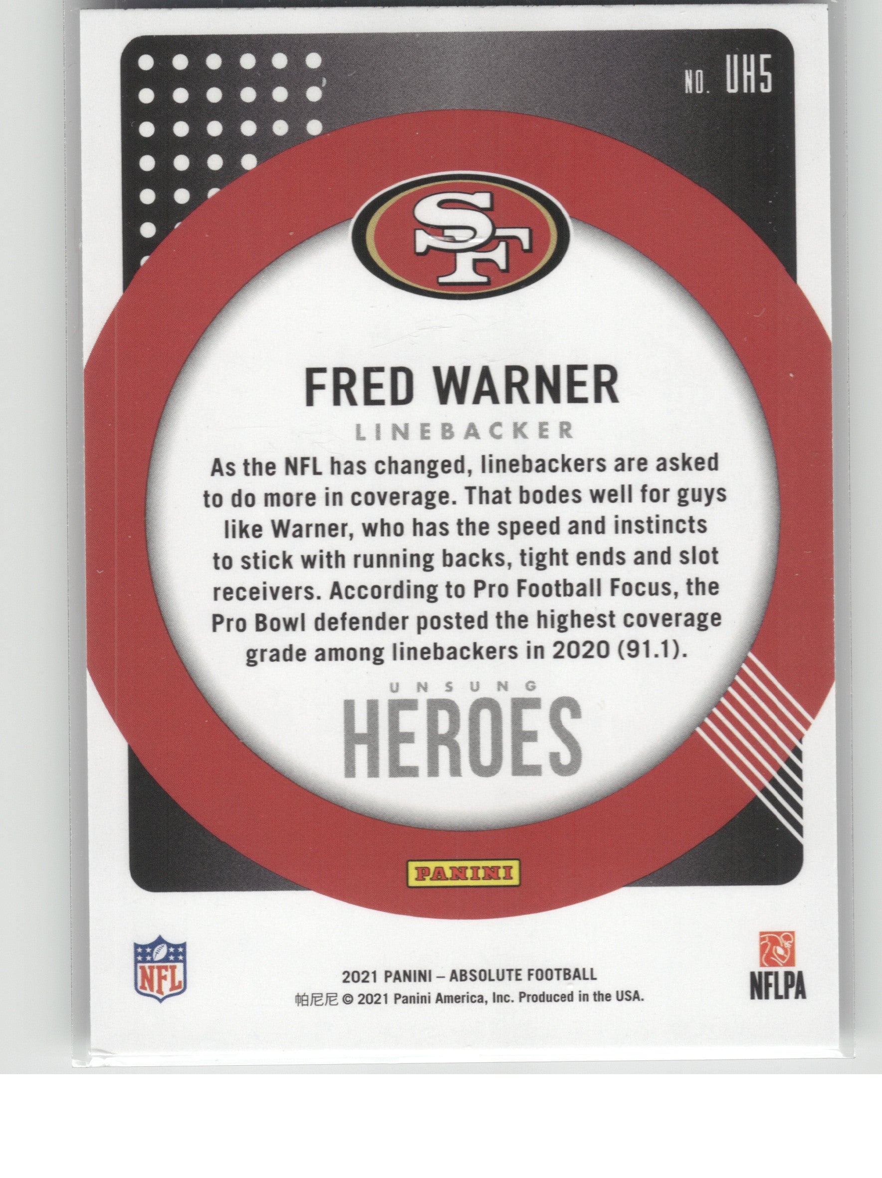 2021 Panini Absolute #UH5 Fred Warner Unsung Heroes San Francisco 49ers