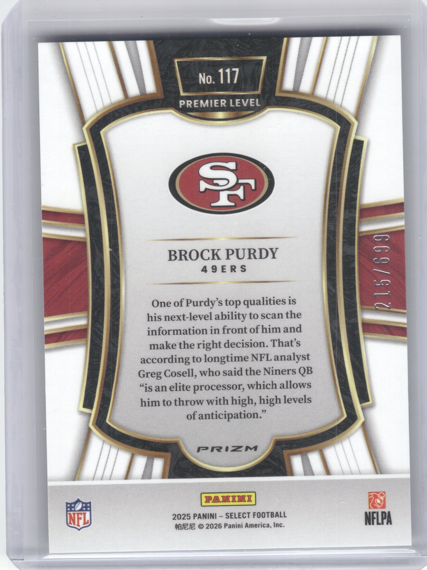 2025 Panini Select #117 Brock Purdy Neon Green Prizm Shock #/699 San Francisco 49ers SN