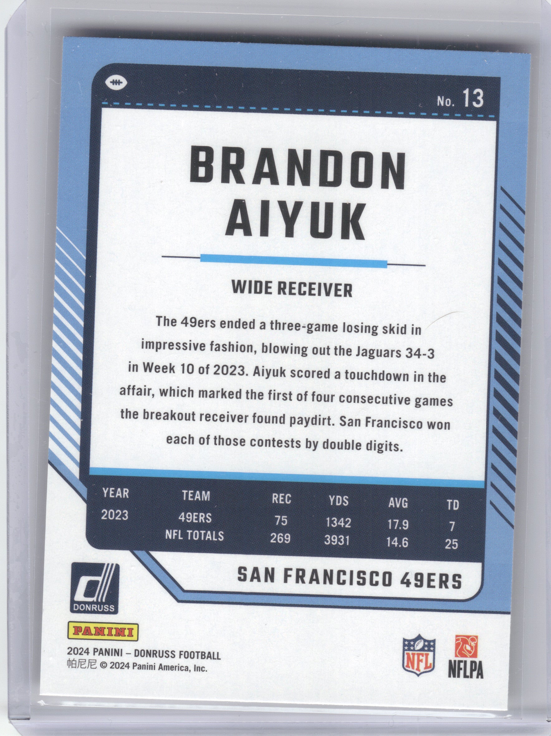 2024 Donruss #13 Brandon Aiyuk Press Proof Yellow San Francisco 49ers