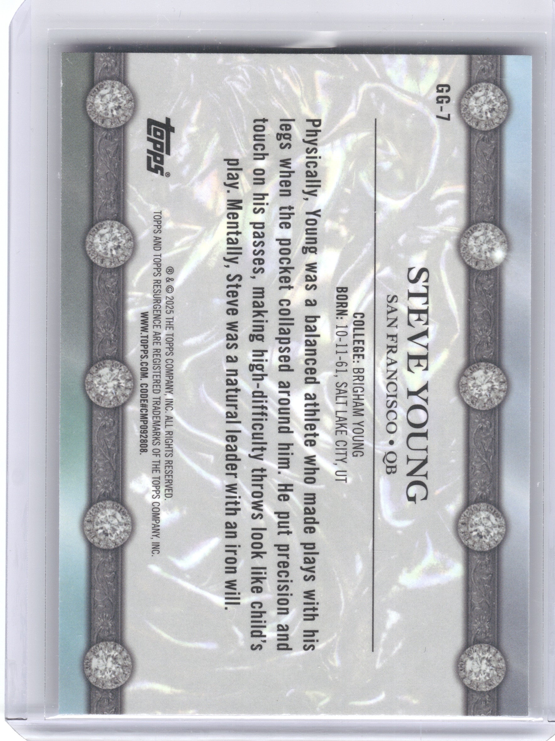 2024 Topps Resurgence #GG-7 Steve Young Glimmer and Gleam Navy Surge #/275 San Francisco 49ers SN