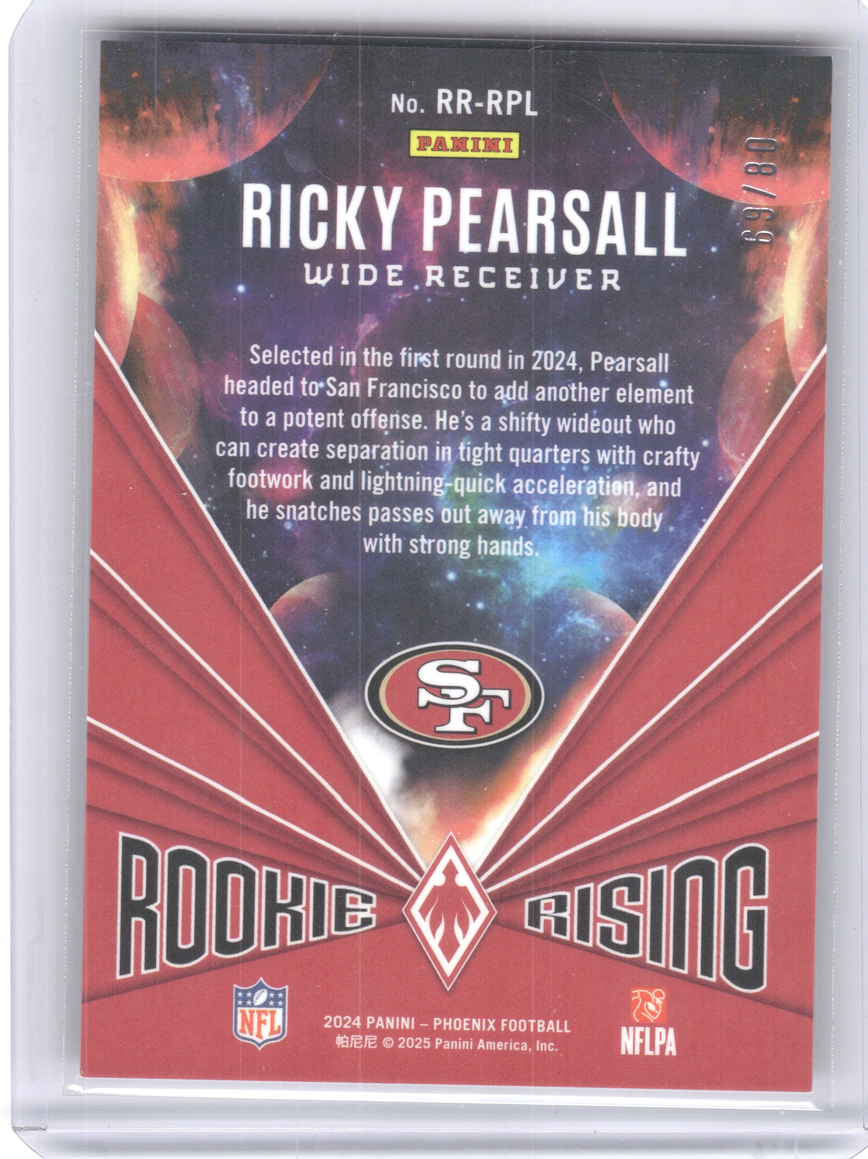 2024 Panini Phoenix #RR-RPL Ricky Pearsall Rookie Rising Pink #/80 San Francisco 49ers SN