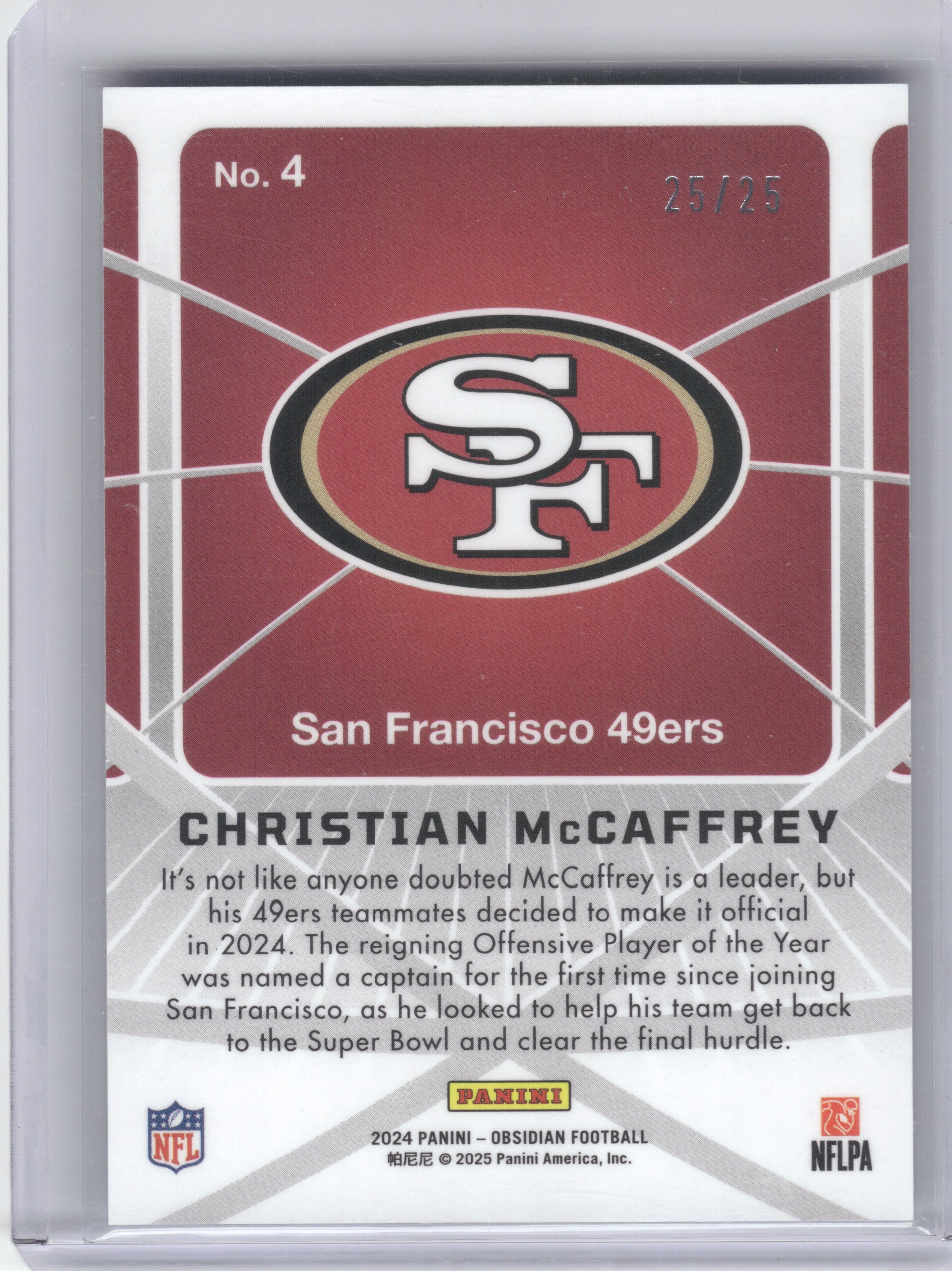 2024 Panini Obsidian #4 Christian McCaffrey Atomic Initials Blue #/25 San Francisco 49ers SN