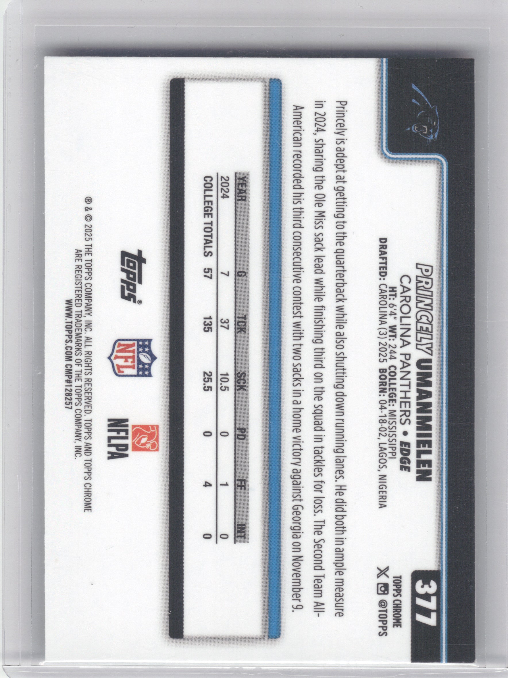 2025 Topps Chrome #377 Princely Umanmielen Green Geometric Refractor #/99 Carolina Panthers SN,RC