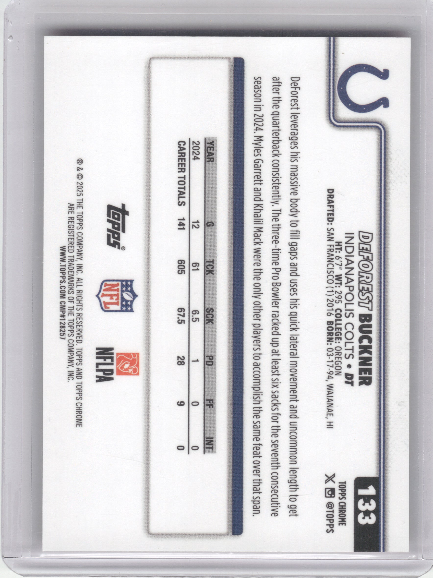 2025 Topps Chrome #133 DeForest Buckner Orange Geometric Refractor #/25 Indianapolis Colts SN