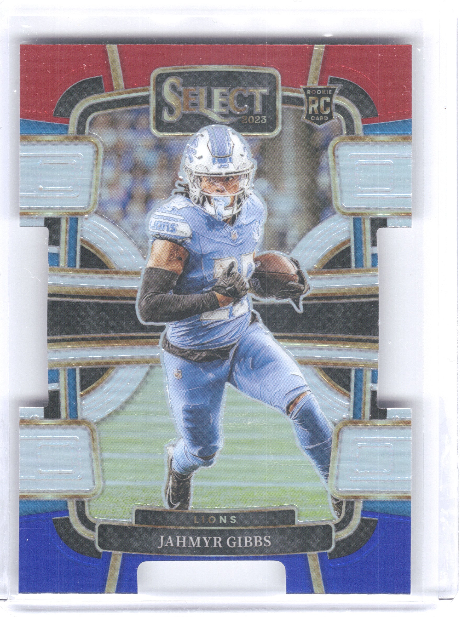 2023 Panini Select #34 Jahmyr Gibbs Red and Blue Prizms Die Cuts Detroit Lions RC