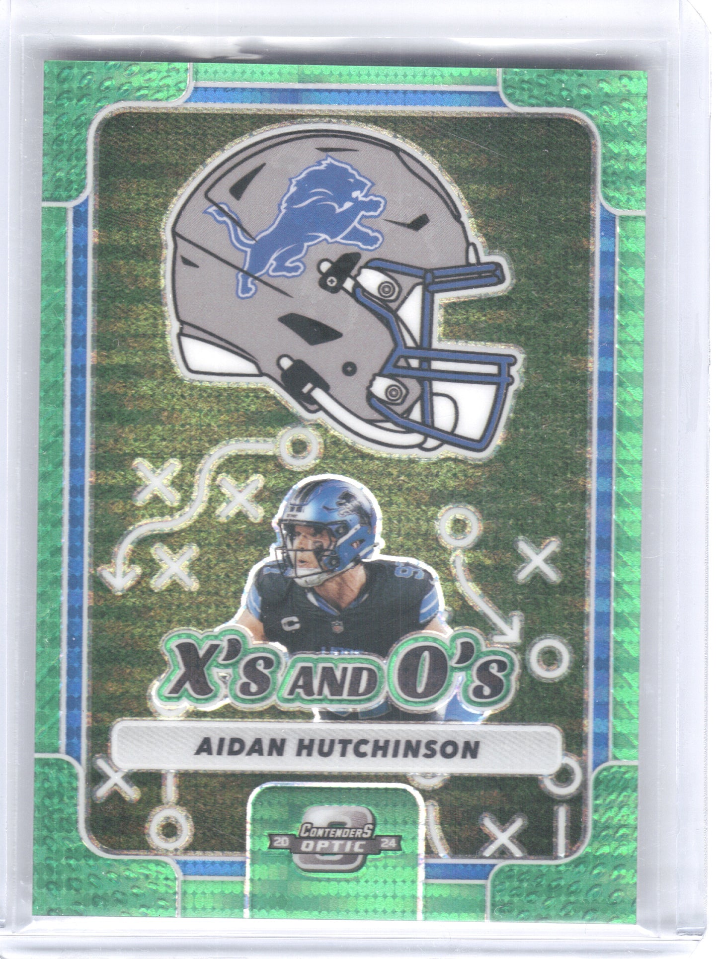 2024 Panini Contenders Optic #XO-AHN Aidan Hutchinson Xs and Os Green Pulsar #/30 Detroit Lions SN
