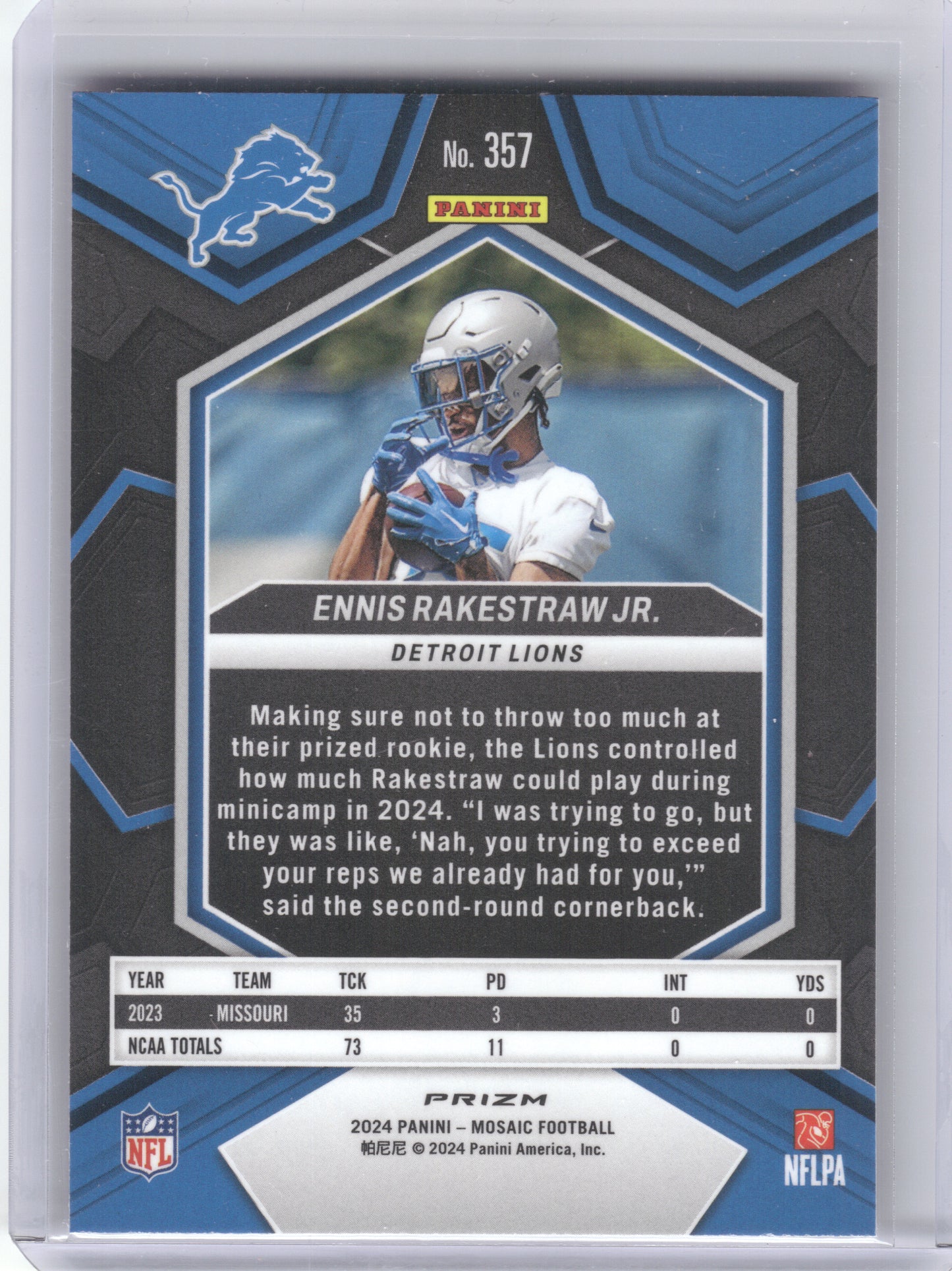 2024 Panini Mosaic #357 Ennis Rakestraw Jr. Mosaic Camo Pink Detroit Lions