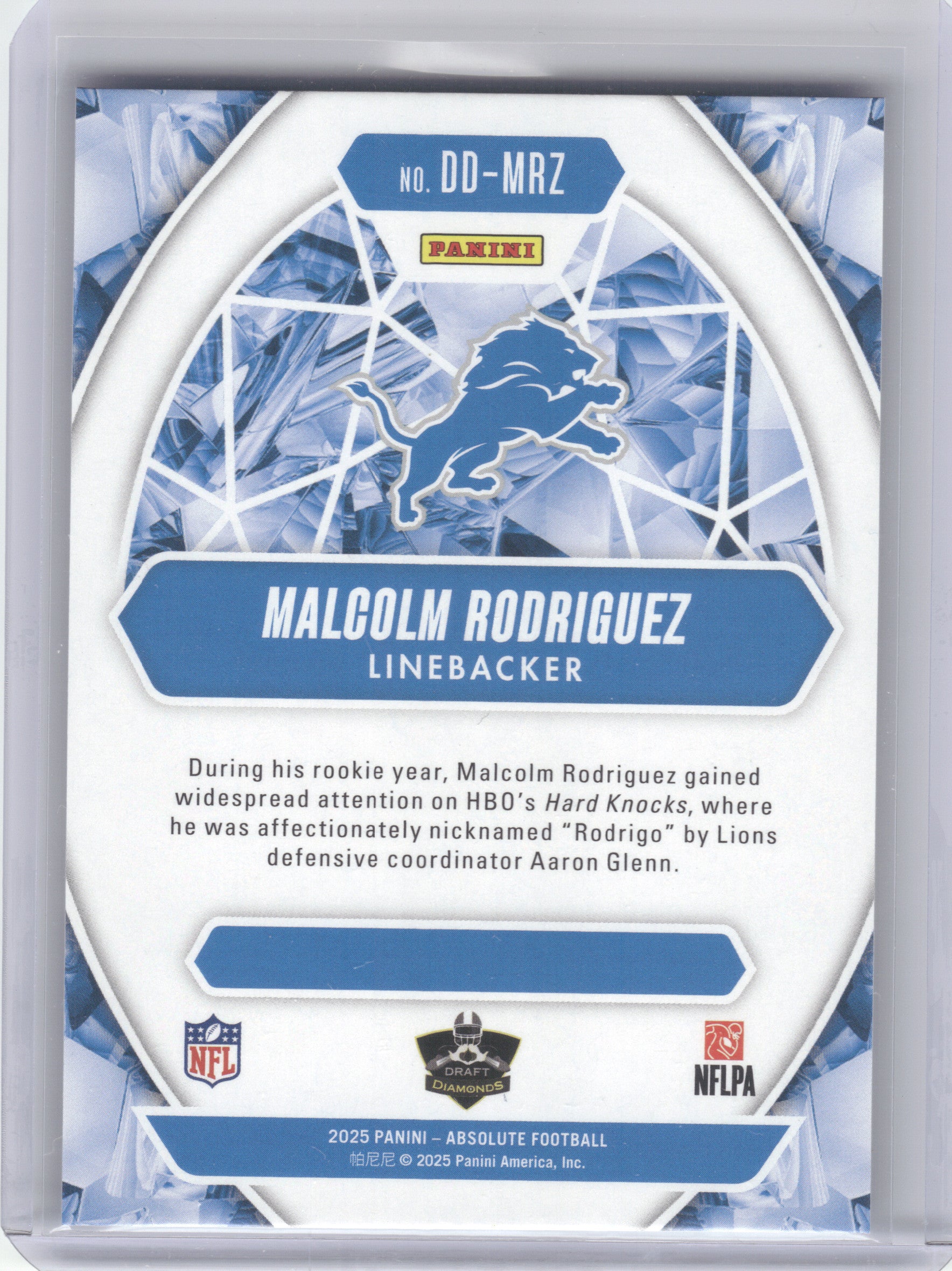 2025 Panini Absolute #DD-MRZ Malcolm Rodriguez Draft Diamonds Detroit Lions