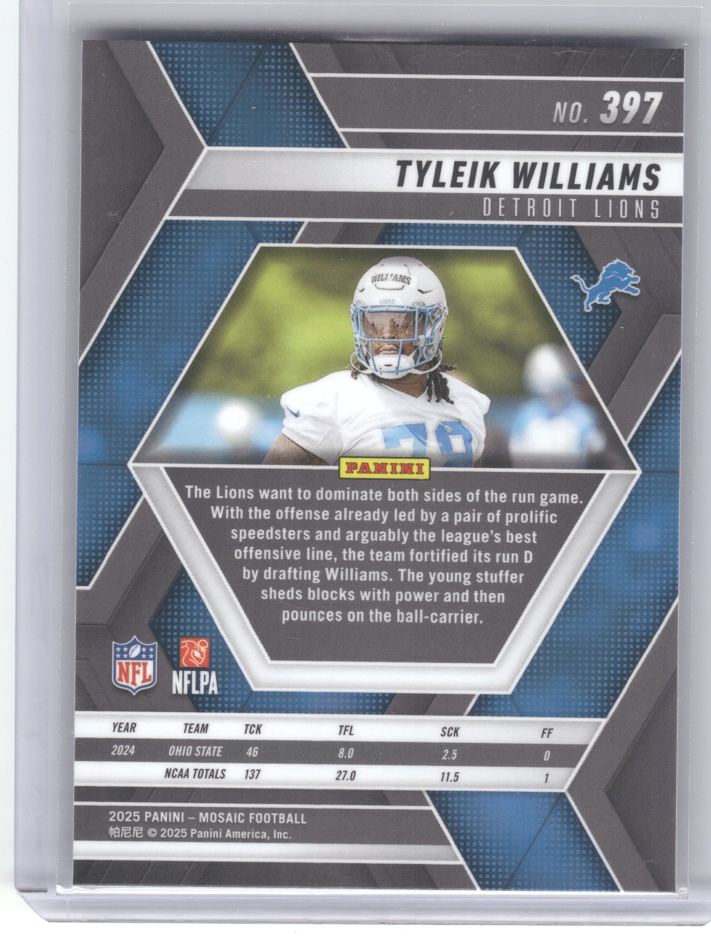 2025 Panini Mosaic #397 Tyleik Williams Detroit Lions RC
