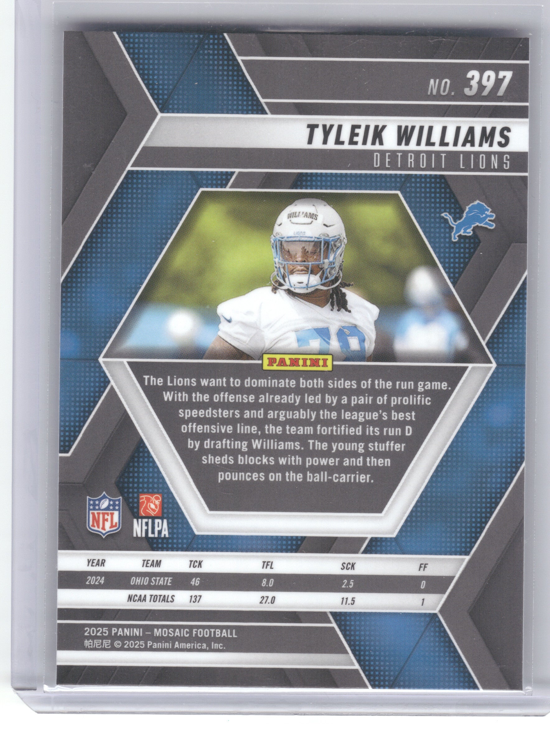 2025 Panini Mosaic #397 Tyleik Williams Detroit Lions RC