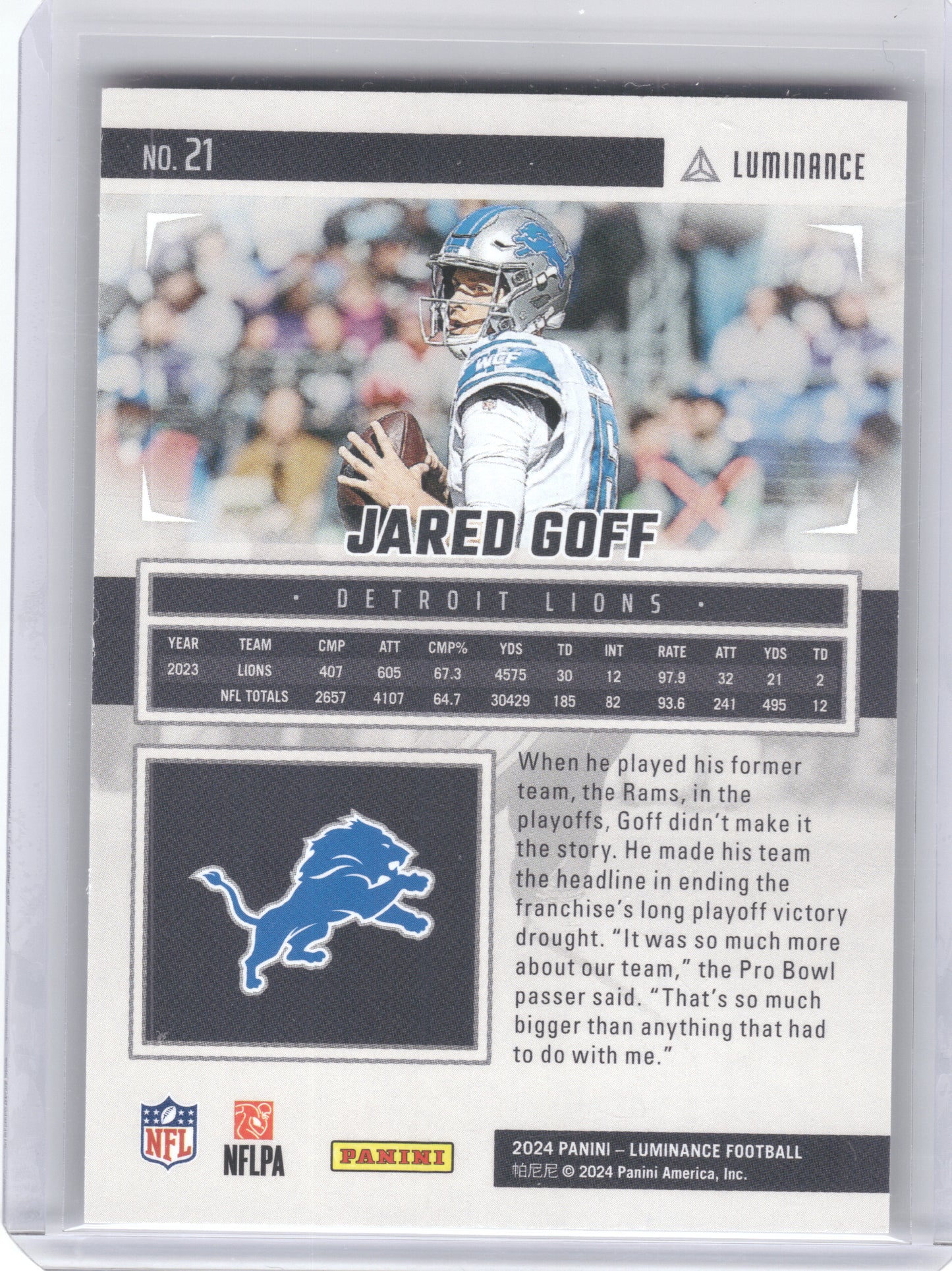 2024 Panini Luminance #21 Jared Goff Gold #/299 Detroit Lions SN