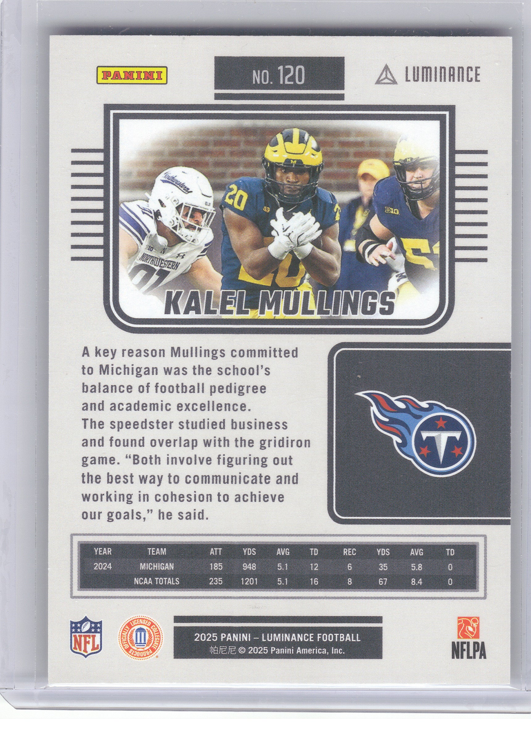 2025 Panini Luminance #120 Kalel Mullings Gold #/299 Tennessee Titans SN,RC