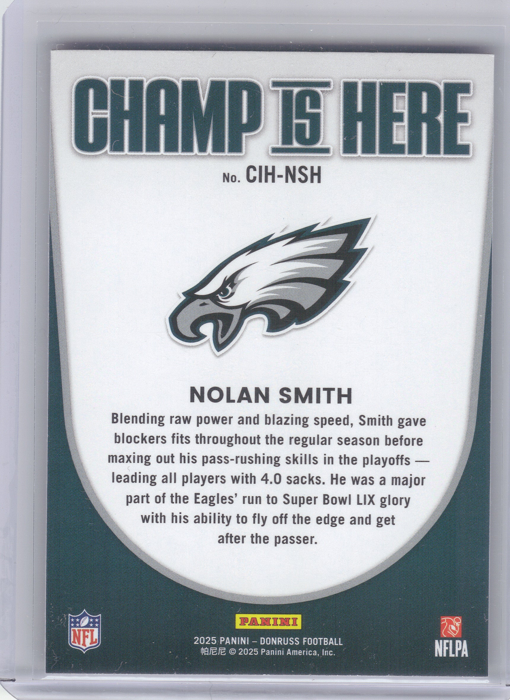 2025 Donruss #CIH-NSH Nolan Smith Champ is Here Philadelphia Eagles
