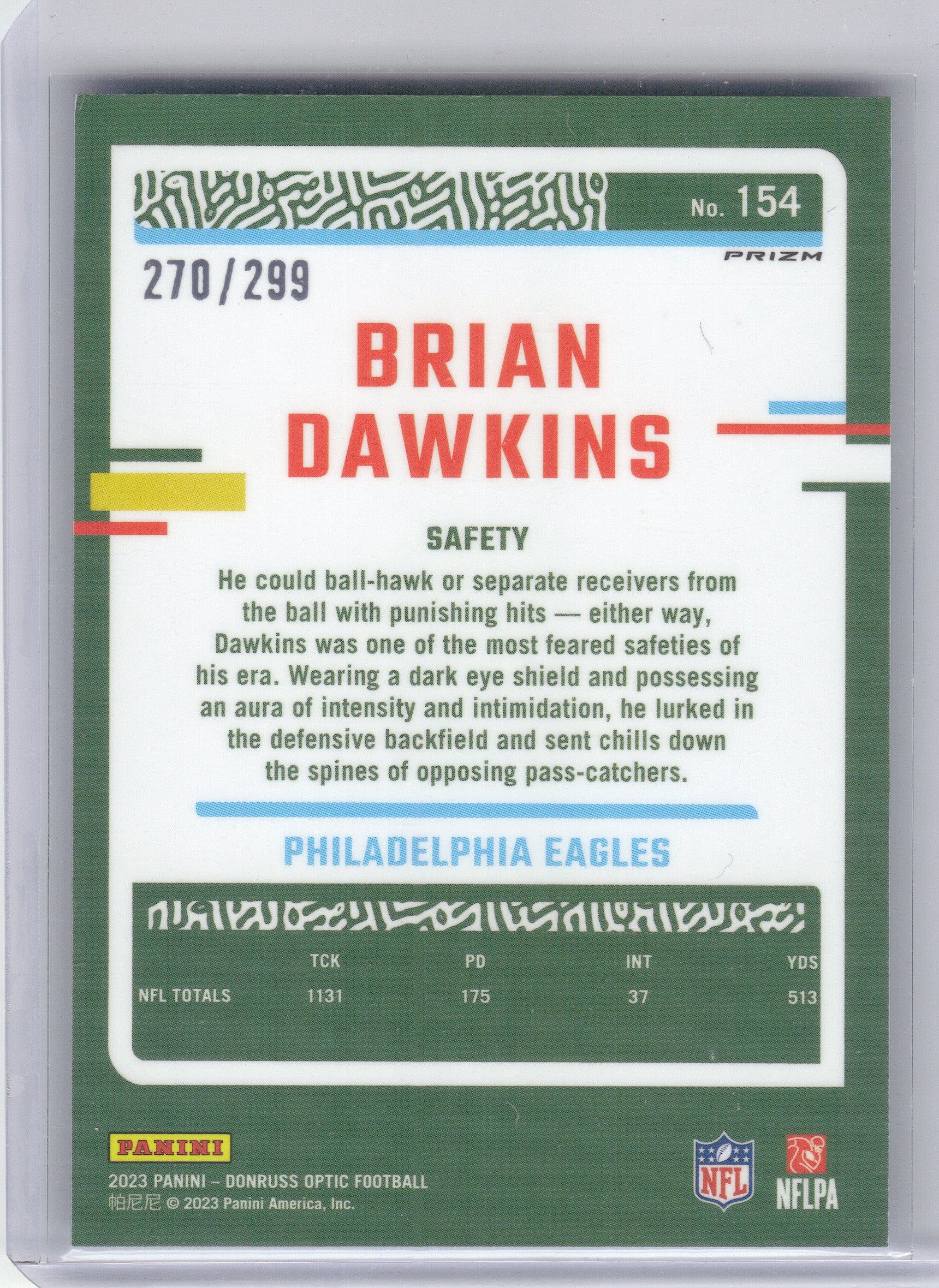 2023 Donruss Optic #154 Brian Dawkins Aqua #/299 Philadelphia Eagles SN