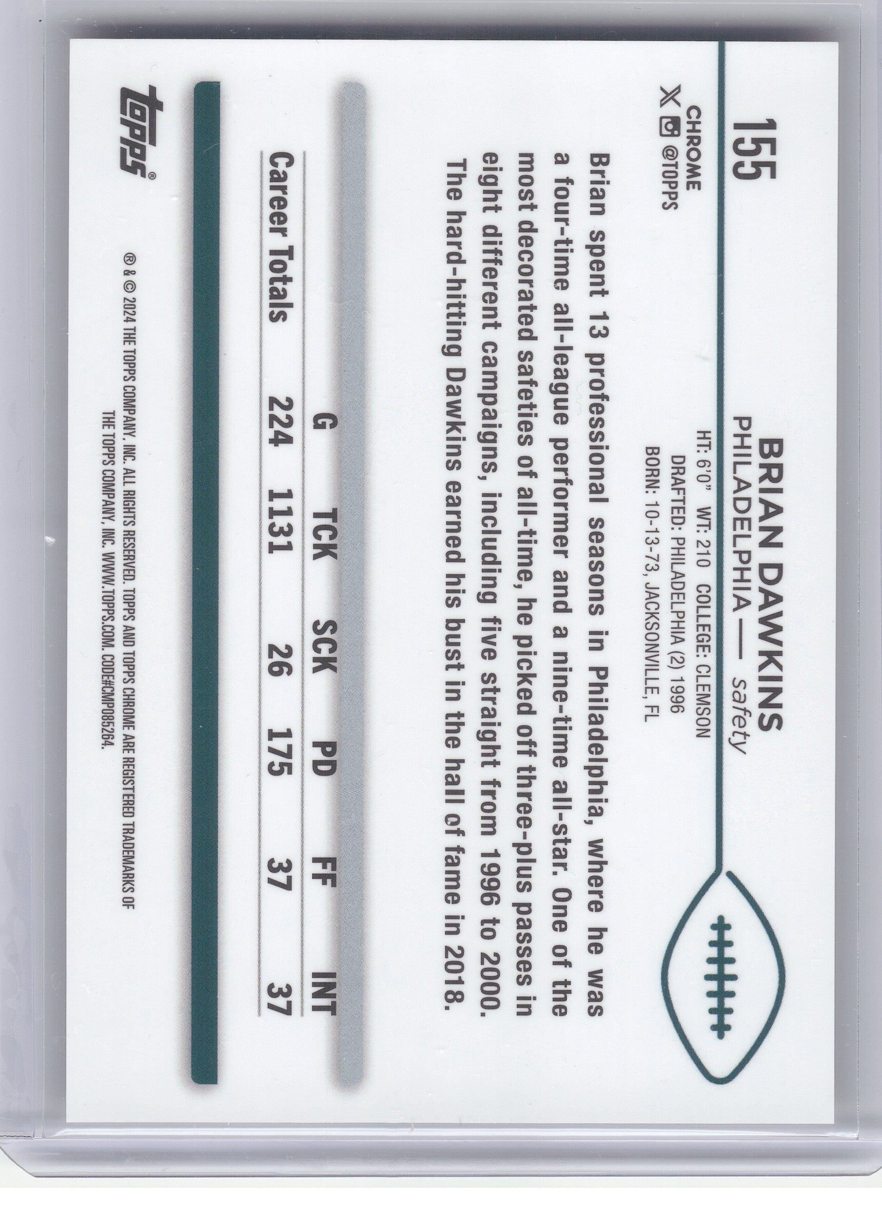 2024 Topps Chrome Sapphire Edition #155 Brian Dawkins Gold Sapphire #/50 Philadelphia Eagles SN