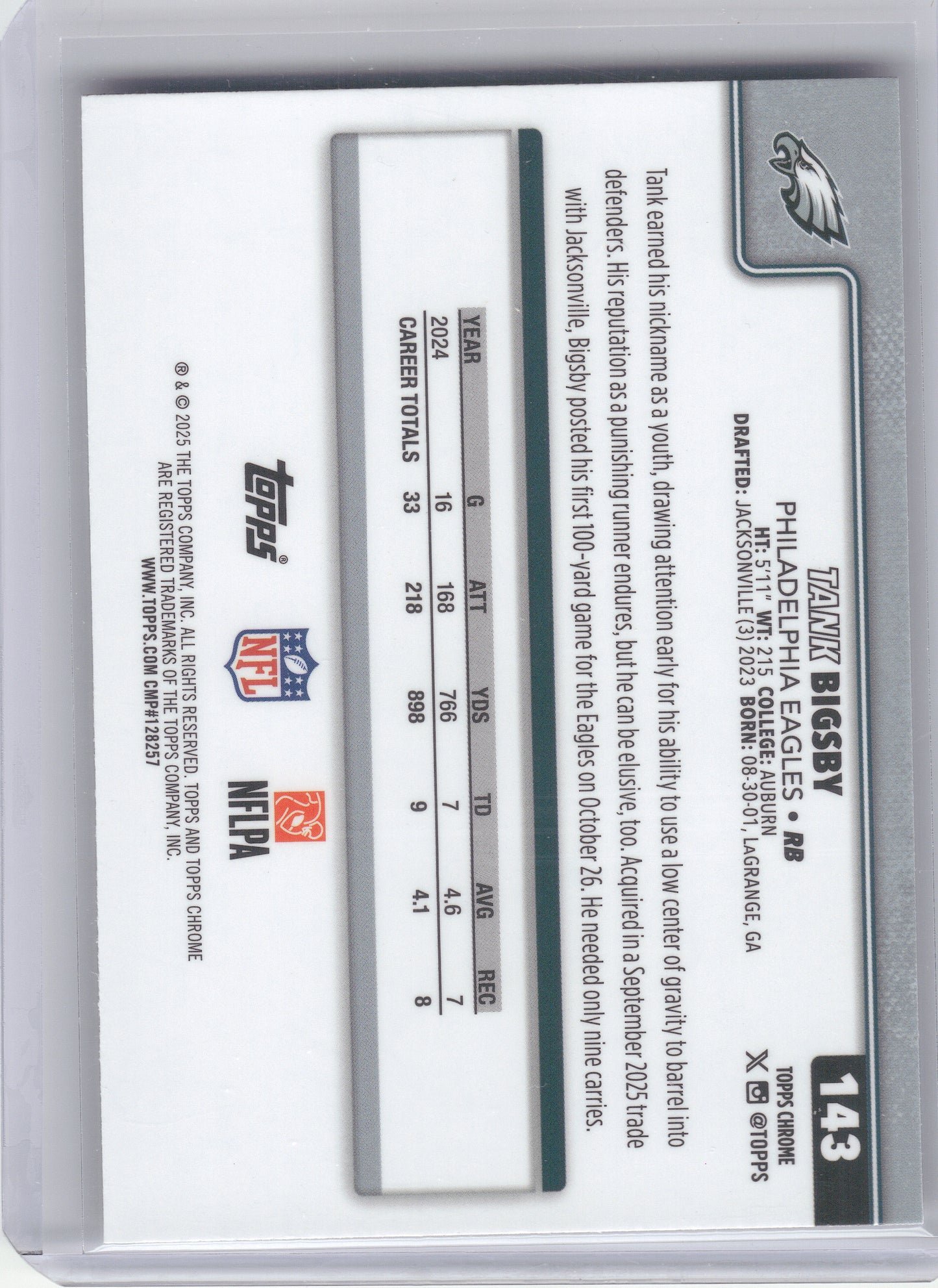 2025 Topps Chrome #143 Tank Bigsby Football Leather Refractor Philadelphia Eagles