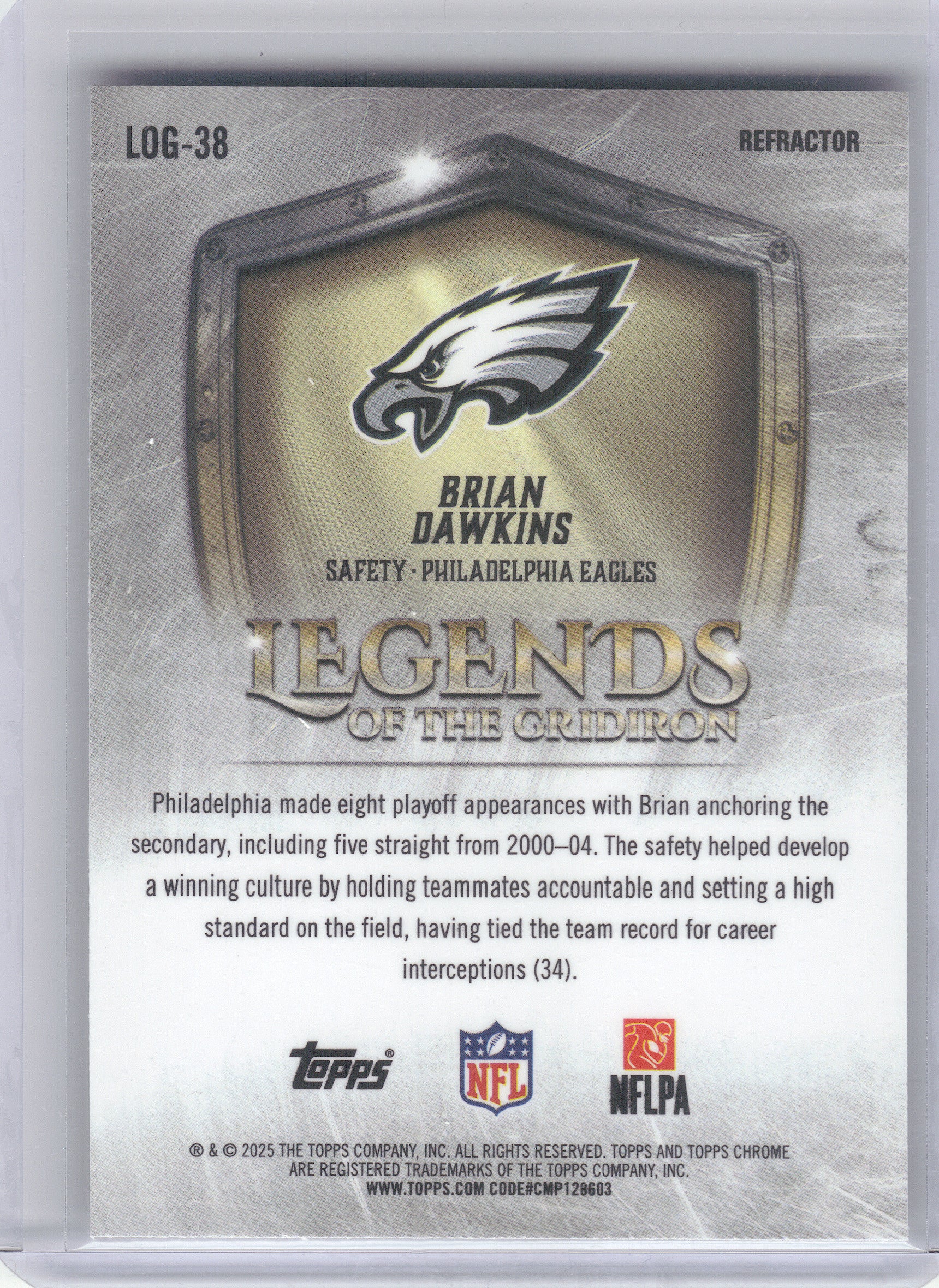 2025 Topps Chrome #LOG-38 Brian Dawkins Legends of the Gridiron Refractor Philadelphia Eagles