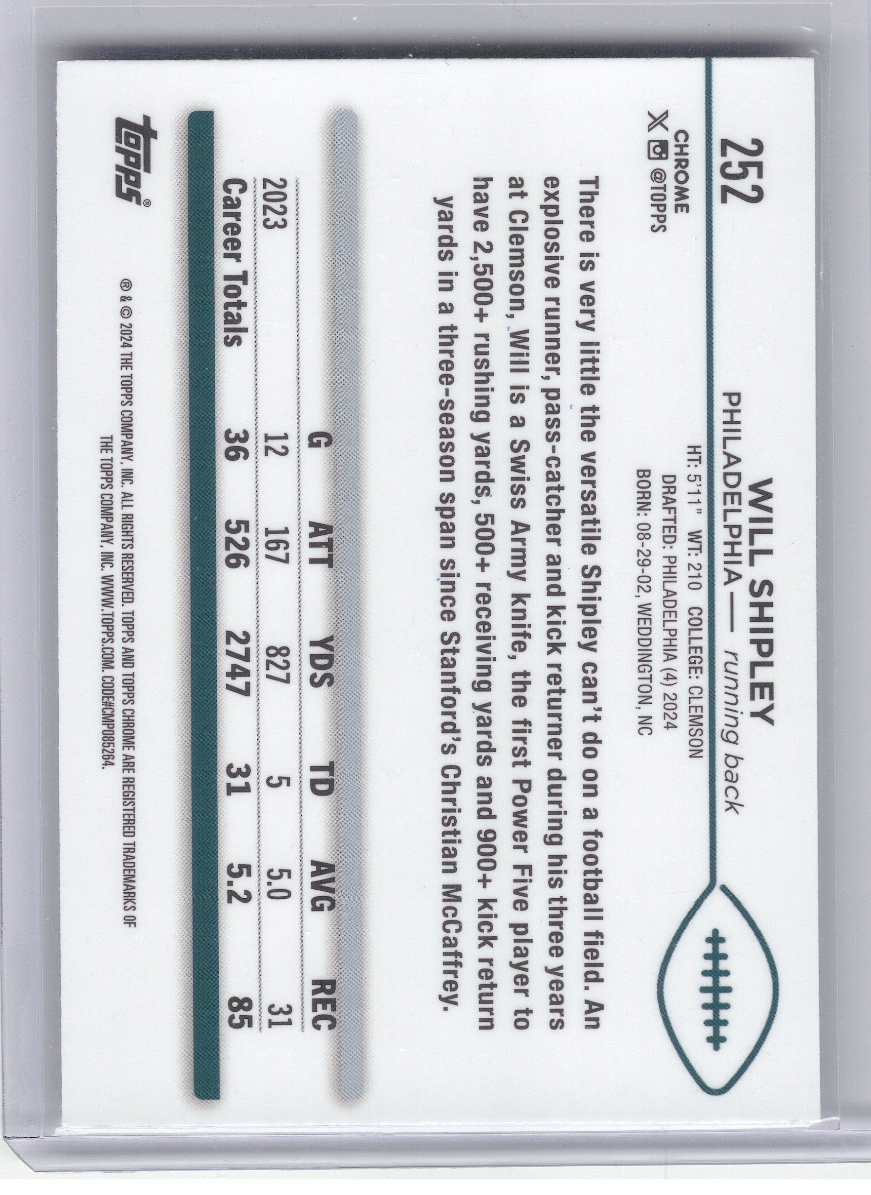 2024 Topps Chrome #252 Will Shipley X-Fractor Philadelphia Eagles RC
