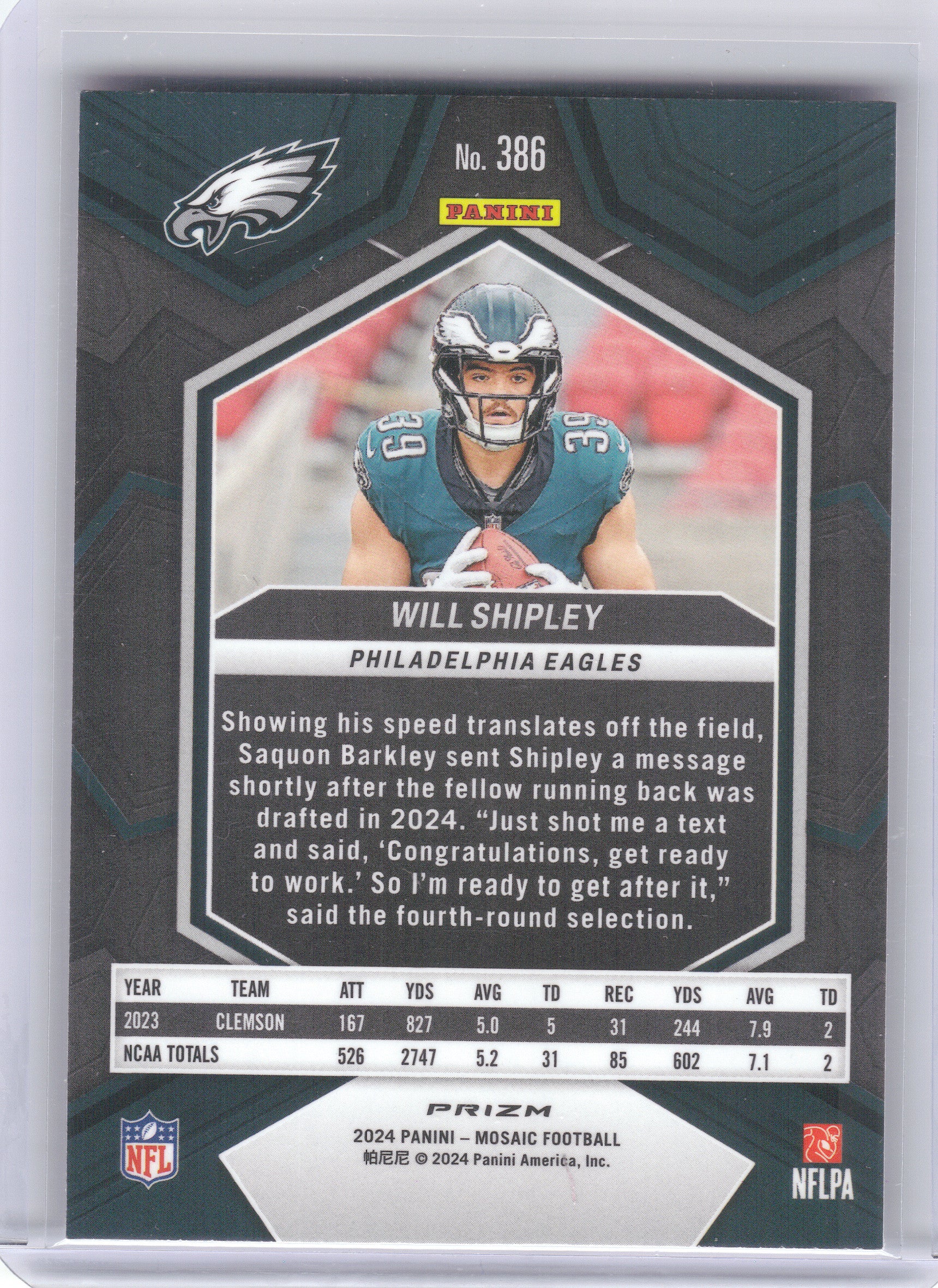 2024 Panini Mosaic #386 Will Shipley Mosaic Camo Pink Philadelphia Eagles