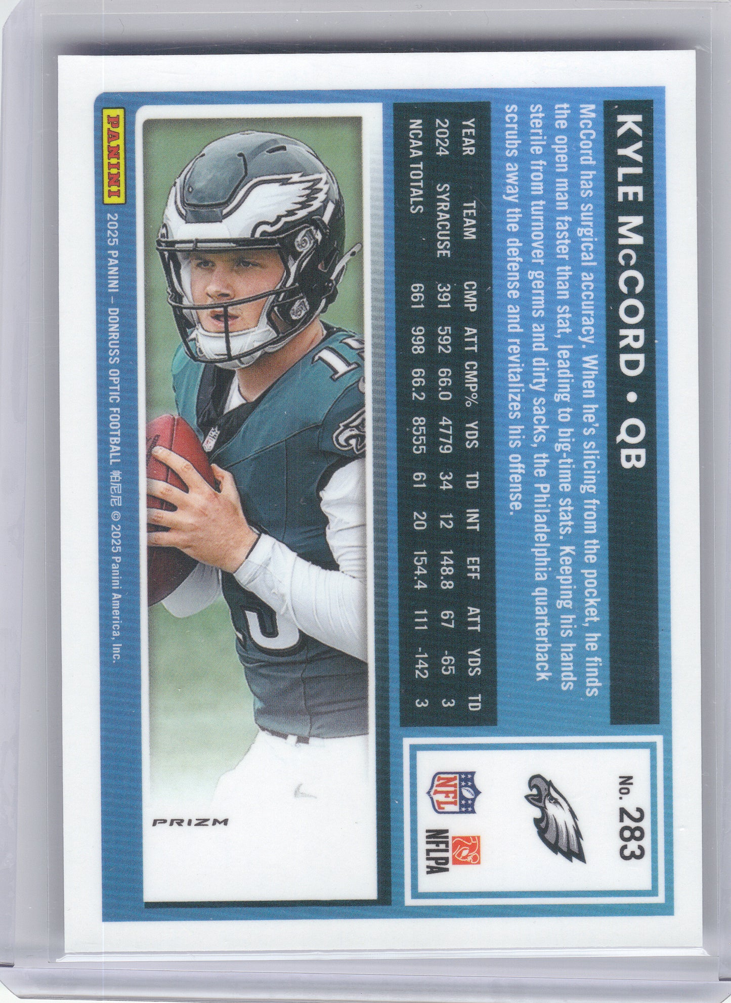 2025 Donruss Optic #283 Kyle McCord Blue Hyper Philadelphia Eagles RC