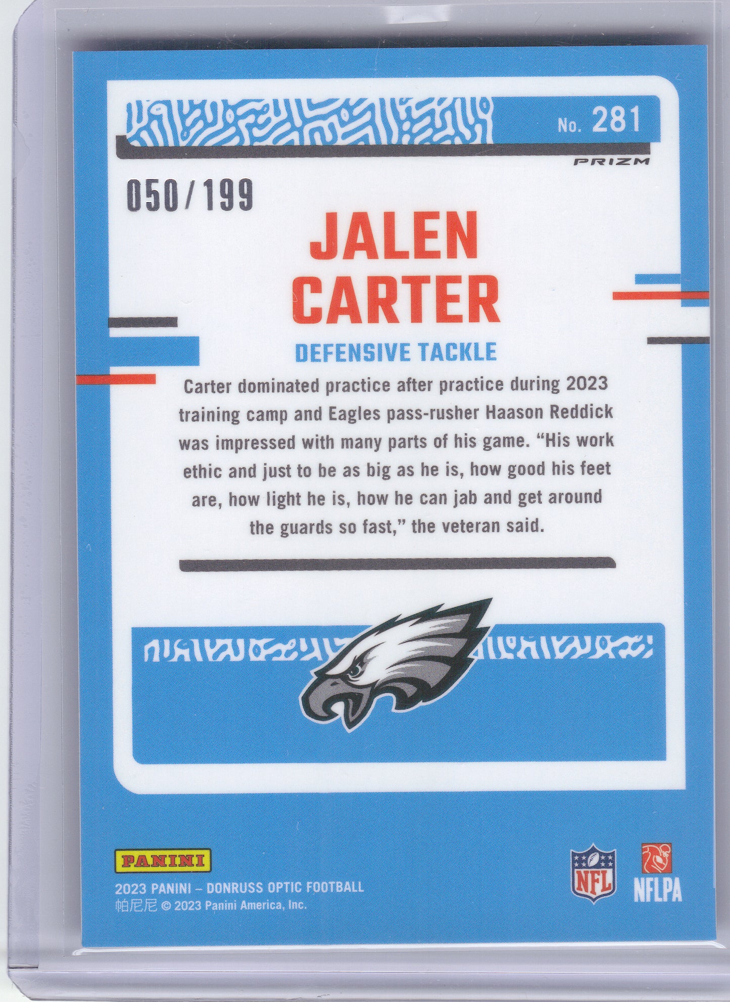 2023 Donruss Optic #281 Jalen Carter Blue #/199 Philadelphia Eagles SN,RC