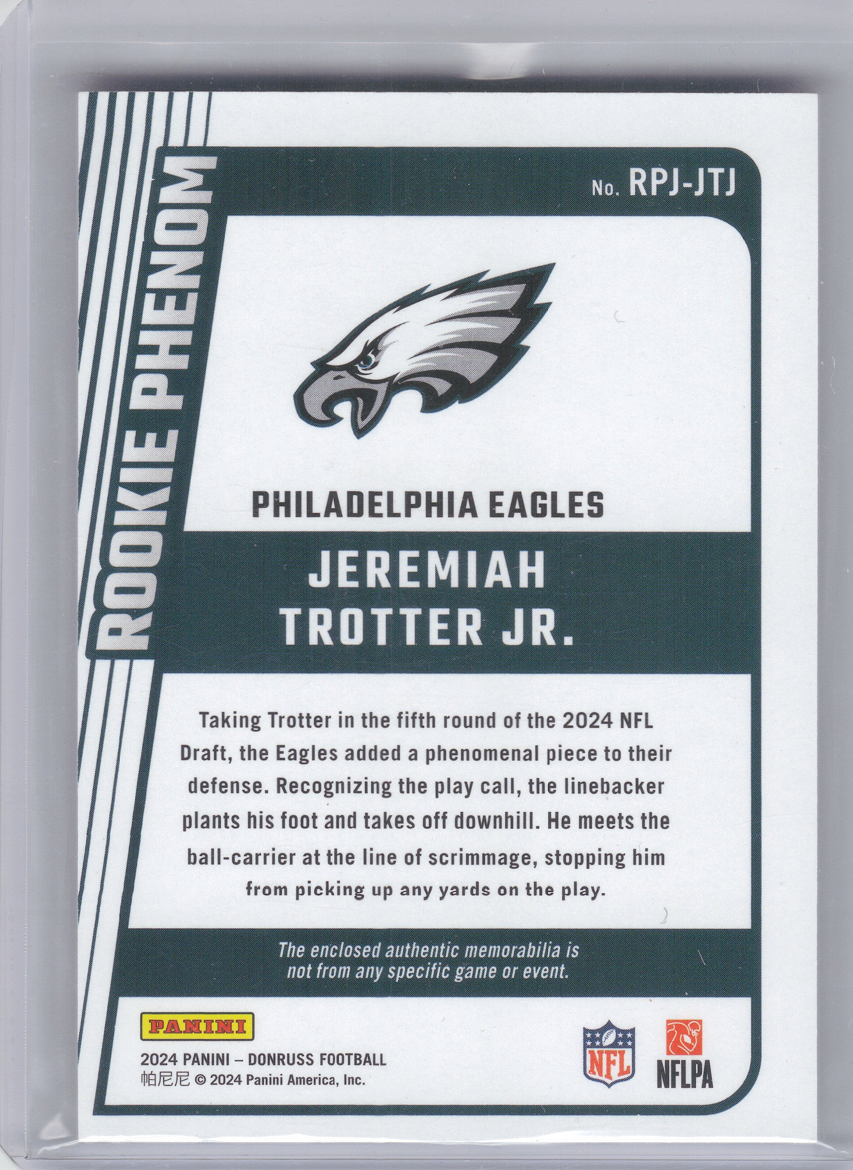 2024 Donruss #RPJ-JTJ Jeremiah Trotter Jr. Rookie Phenom Jerseys Philadelphia Eagles MEM