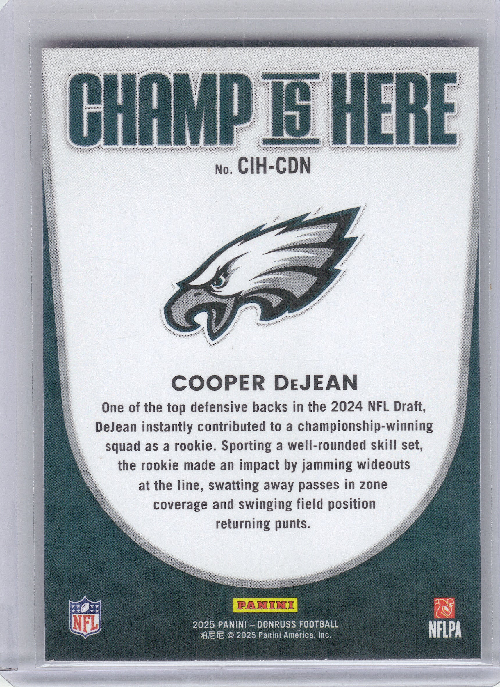 2025 Donruss #CIH-CDN Cooper DeJean Champ is Here Philadelphia Eagles