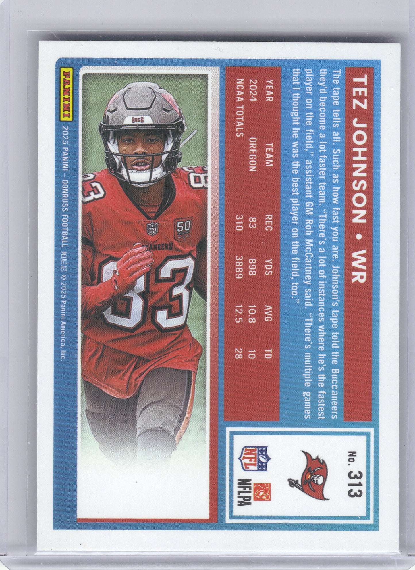 2025 Donruss #313 Tez Johnson Press Proofs Purple Tampa Bay Buccaneers RC