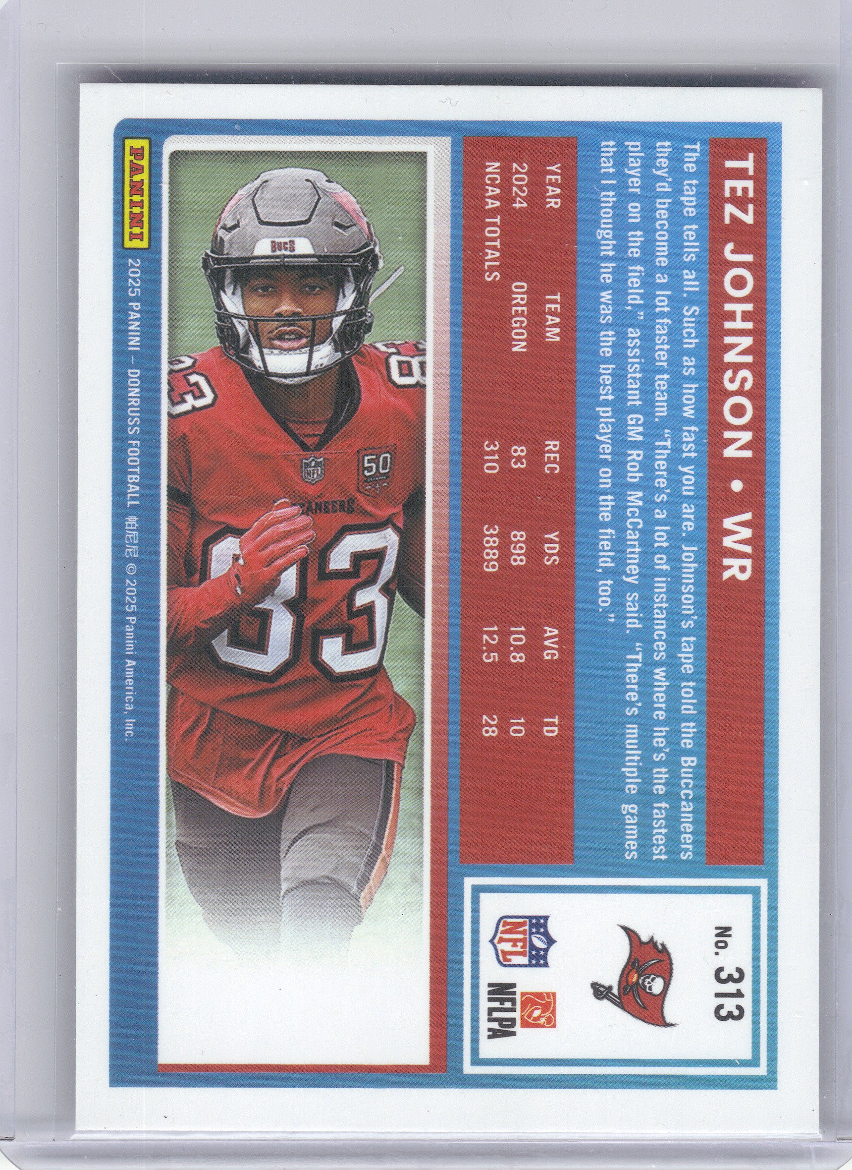 2025 Donruss #313 Tez Johnson Press Proofs Purple Tampa Bay Buccaneers RC