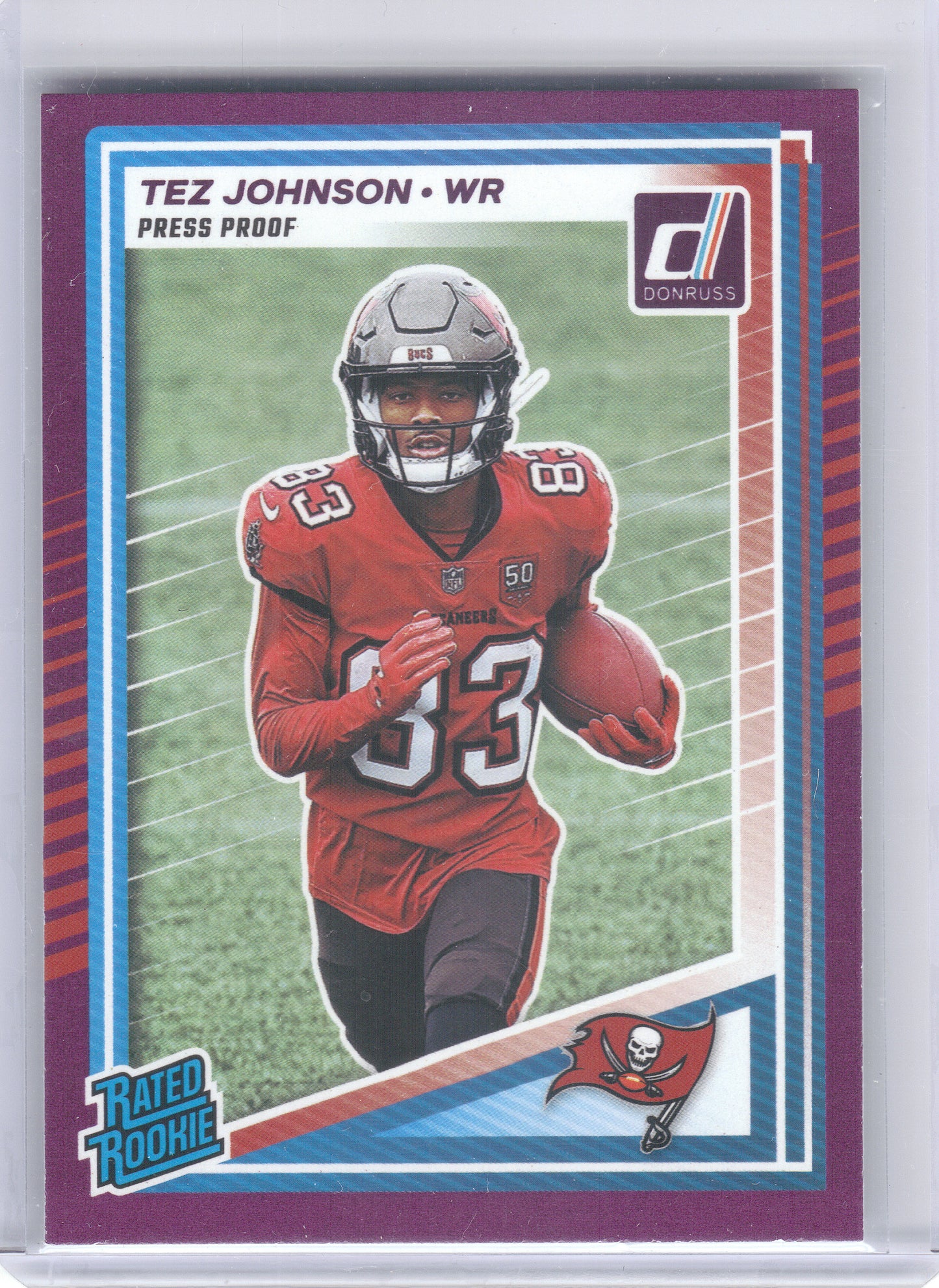 2025 Donruss #313 Tez Johnson Press Proofs Purple Tampa Bay Buccaneers RC