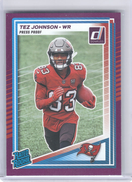 2025 Donruss #313 Tez Johnson Press Proofs Purple Tampa Bay Buccaneers RC
