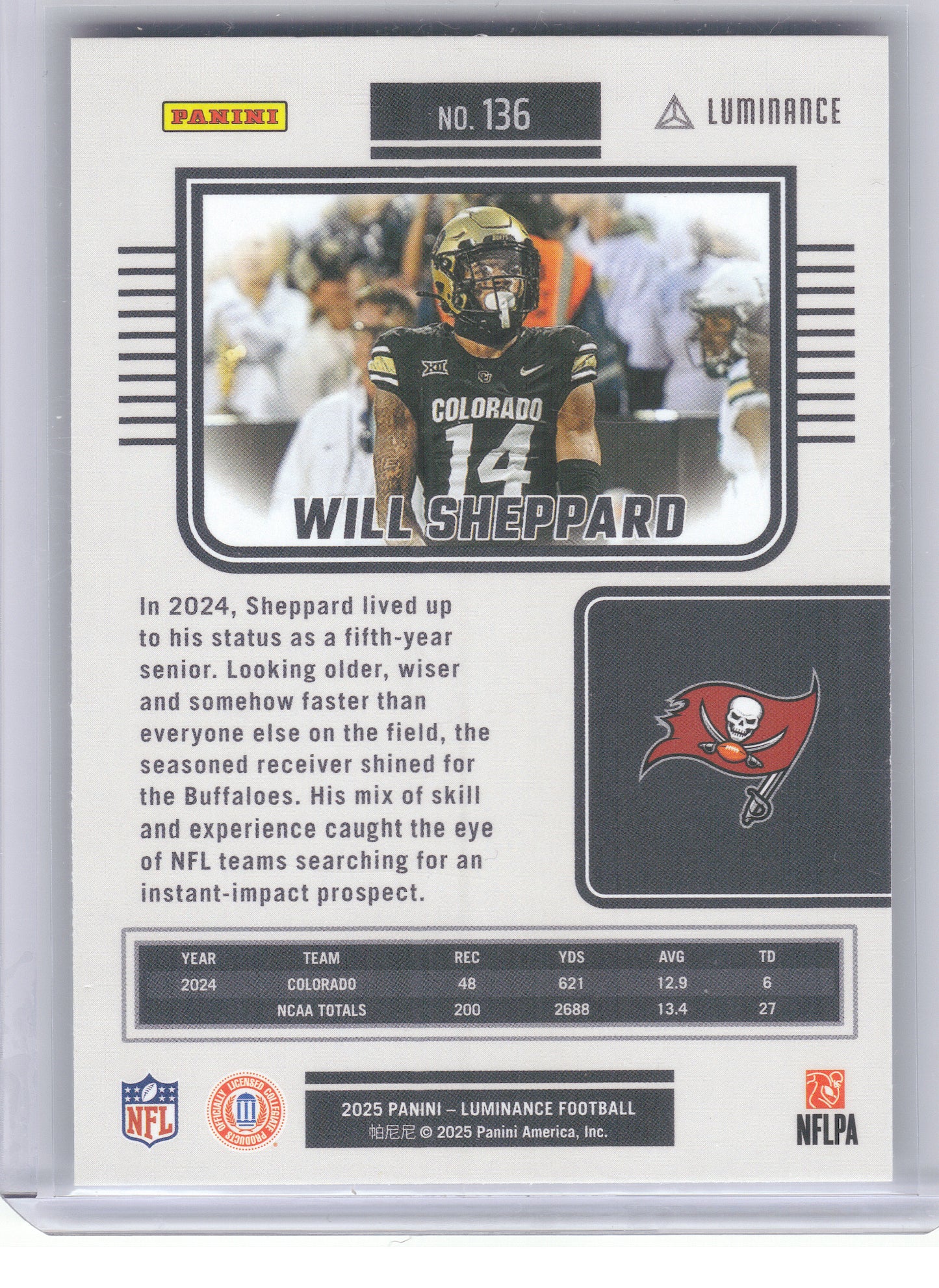 2025 Panini Luminance #136 Will Sheppard Tampa Bay Buccaneers RC