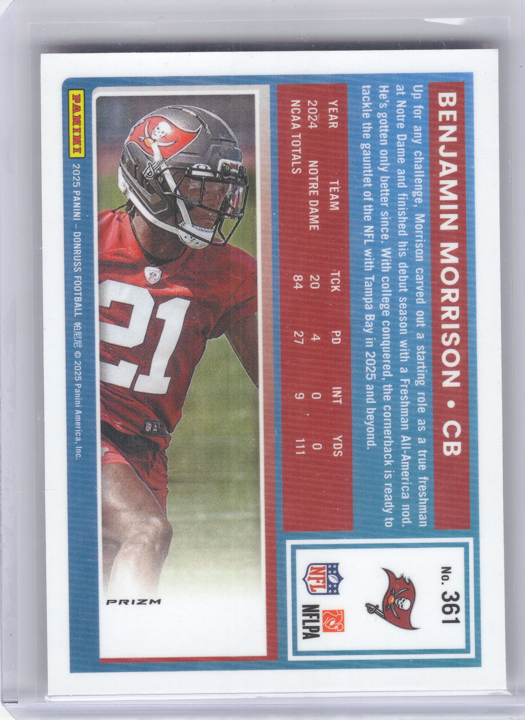 2025 Donruss #361 Benjamin Morrison Optic Rated Rookies Preview Pink Tampa Bay Buccaneers RC