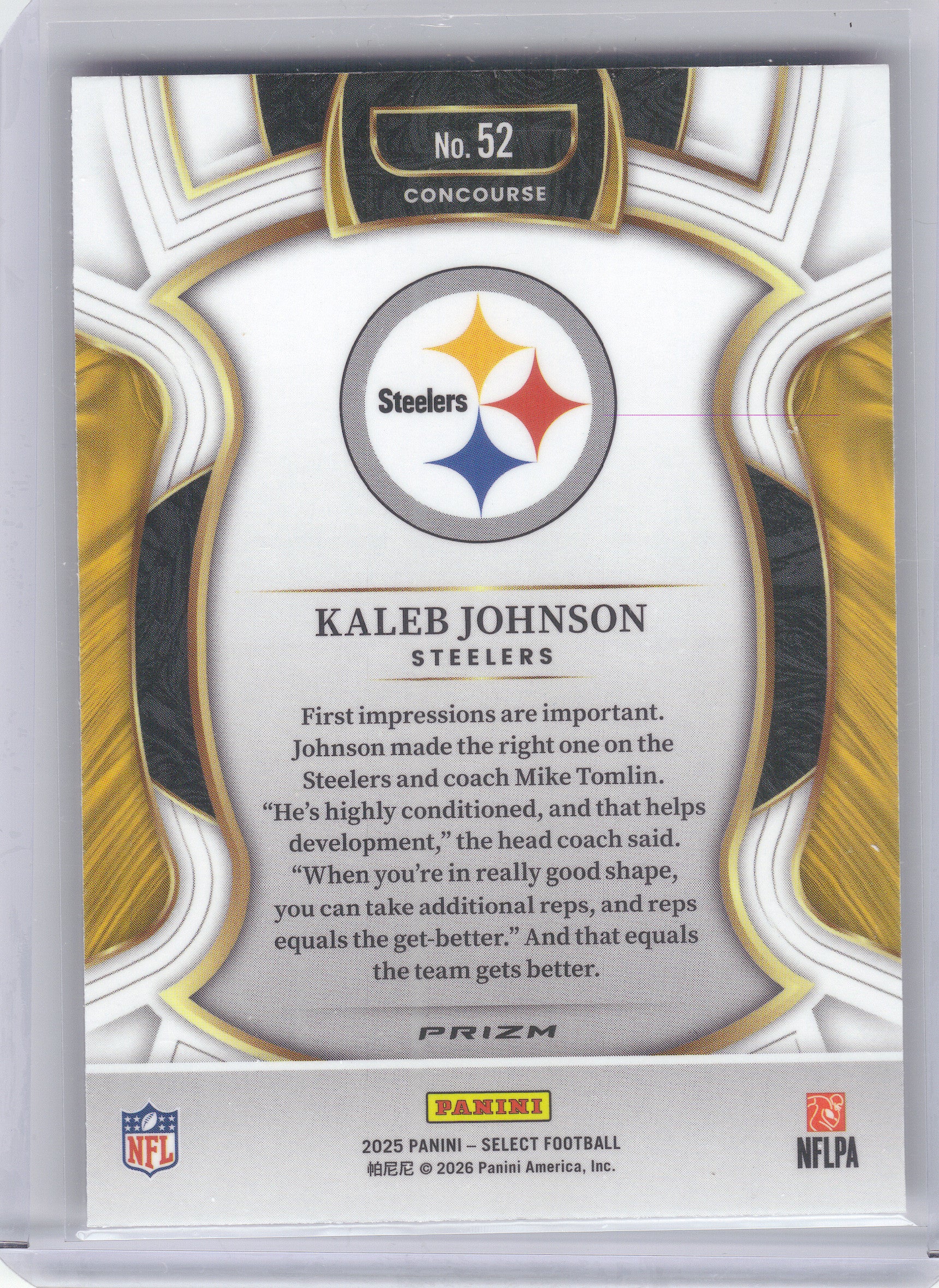 2025 Panini Select #52 Kaleb Johnson Silver Prizm Pittsburgh Steelers RC