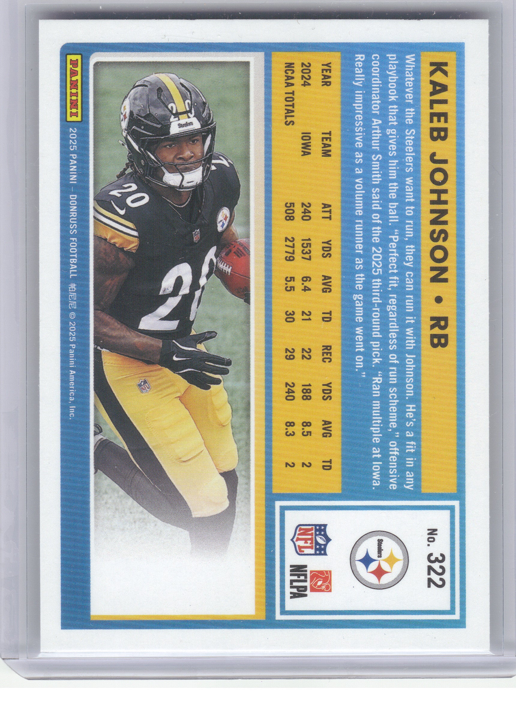 2025 Donruss #322 Kaleb Johnson Press Proofs Purple Pittsburgh Steelers RC