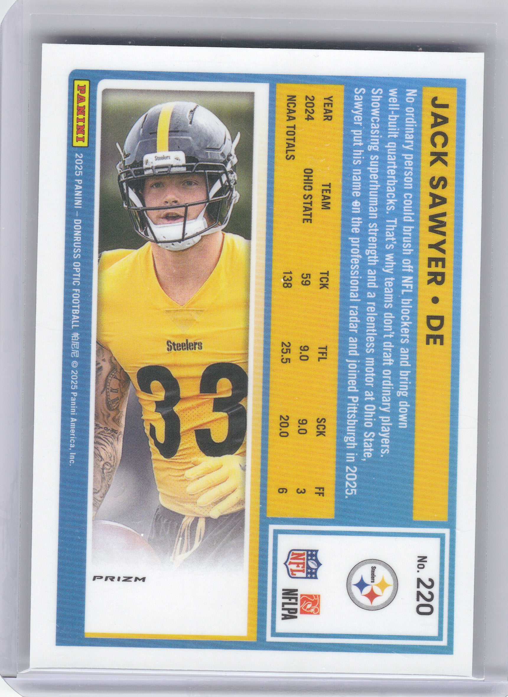 2025 Donruss Optic #220 Jack Sawyer Purple Shock Pittsburgh Steelers RC