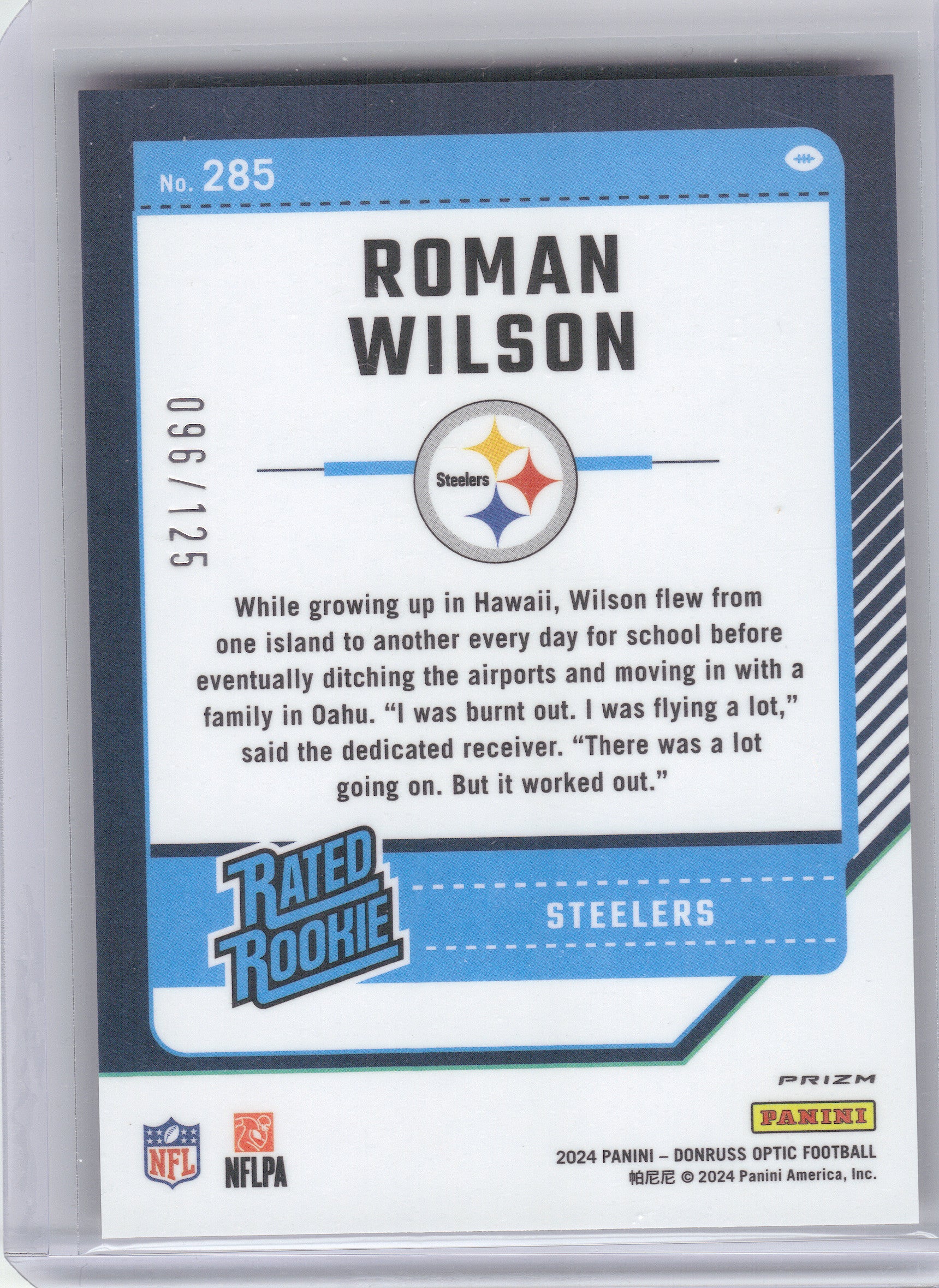 2024 Donruss Optic #285 Roman Wilson Red #/125 Pittsburgh Steelers SN