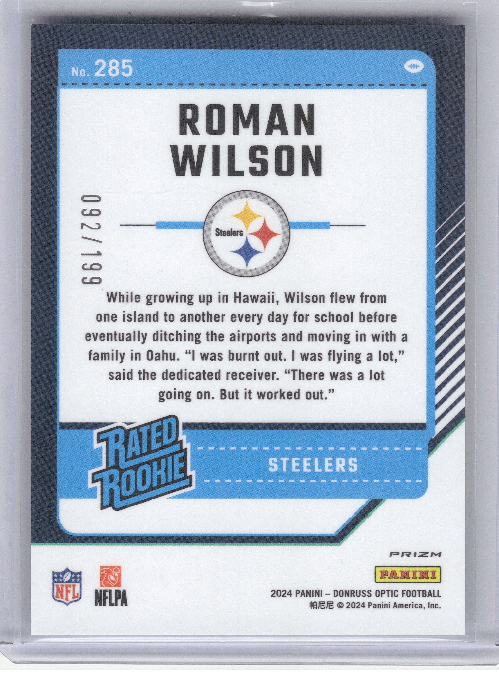 2024 Donruss Optic #285 Roman Wilson Blue #/199 Pittsburgh Steelers SN