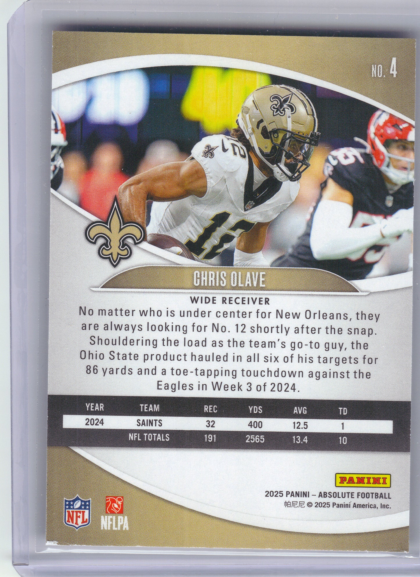 2025 Panini Absolute #4 Chris Olave Black New Orleans Saints