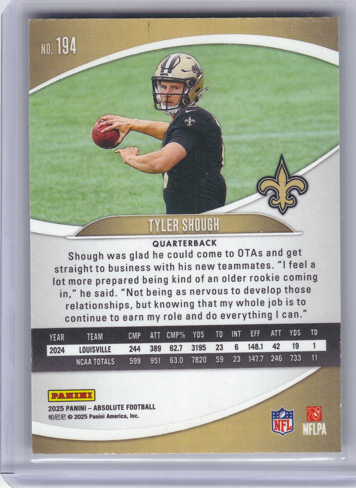 2025 Panini Absolute #194 Tyler Shough Green New Orleans Saints RC