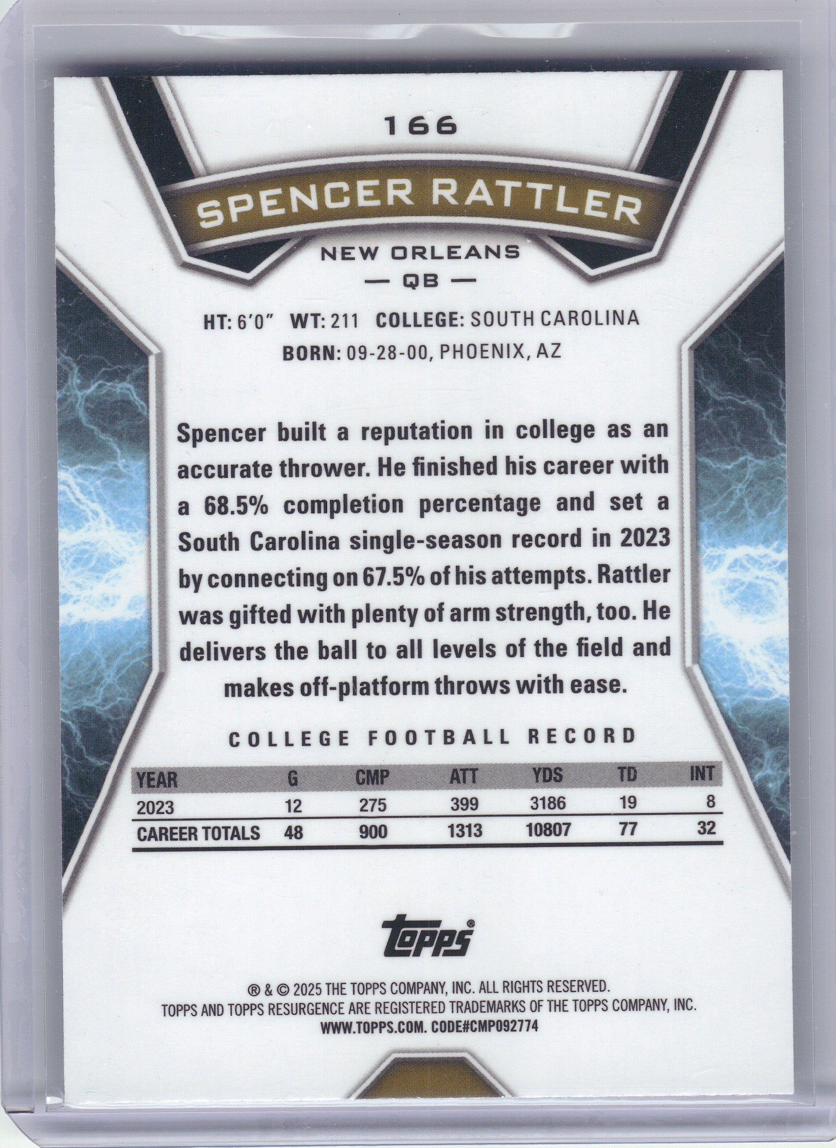 2024 Topps Resurgence #166 Spencer Rattler Navy Surge #/275 New Orleans Saints SN,RC