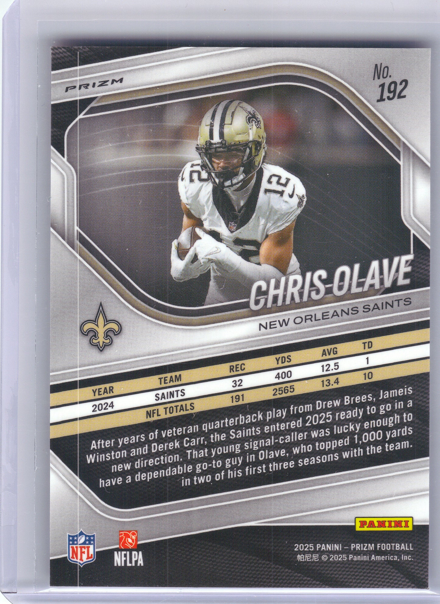 2025 Panini Prizm #192 Chris Olave Red White and Blue New Orleans Saints