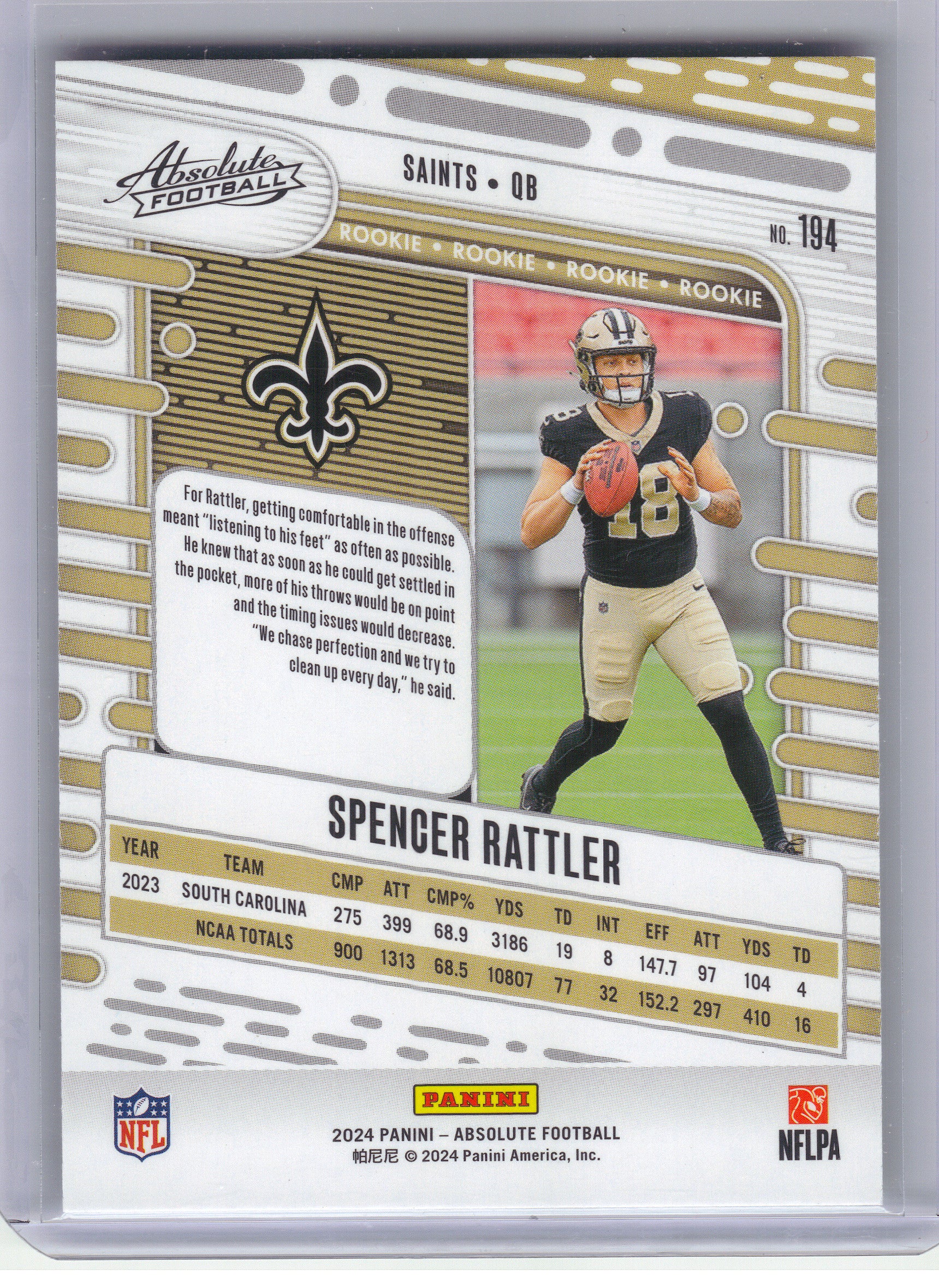 2024 Panini Absolute #194 Spencer Rattler Yellow New Orleans Saints